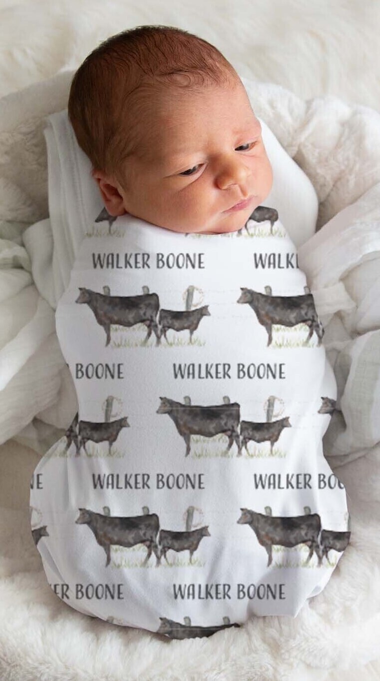 Personalized Angus Cow Baby Name Custom Swaddle Gift Idea For Baby Boy, Newborn Baby Angus Cattle Swaddle Blanket Photo Prop, Neutral Cow