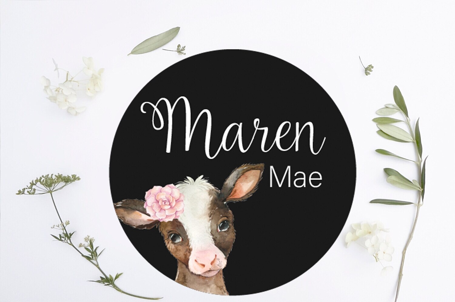 Customized Round Wood Sign, Floral Name Sign, Circle Sign For Baby Girl, Gray Cow Sign, Personalized Cow With Flowers Baby Girl Sign, Cow