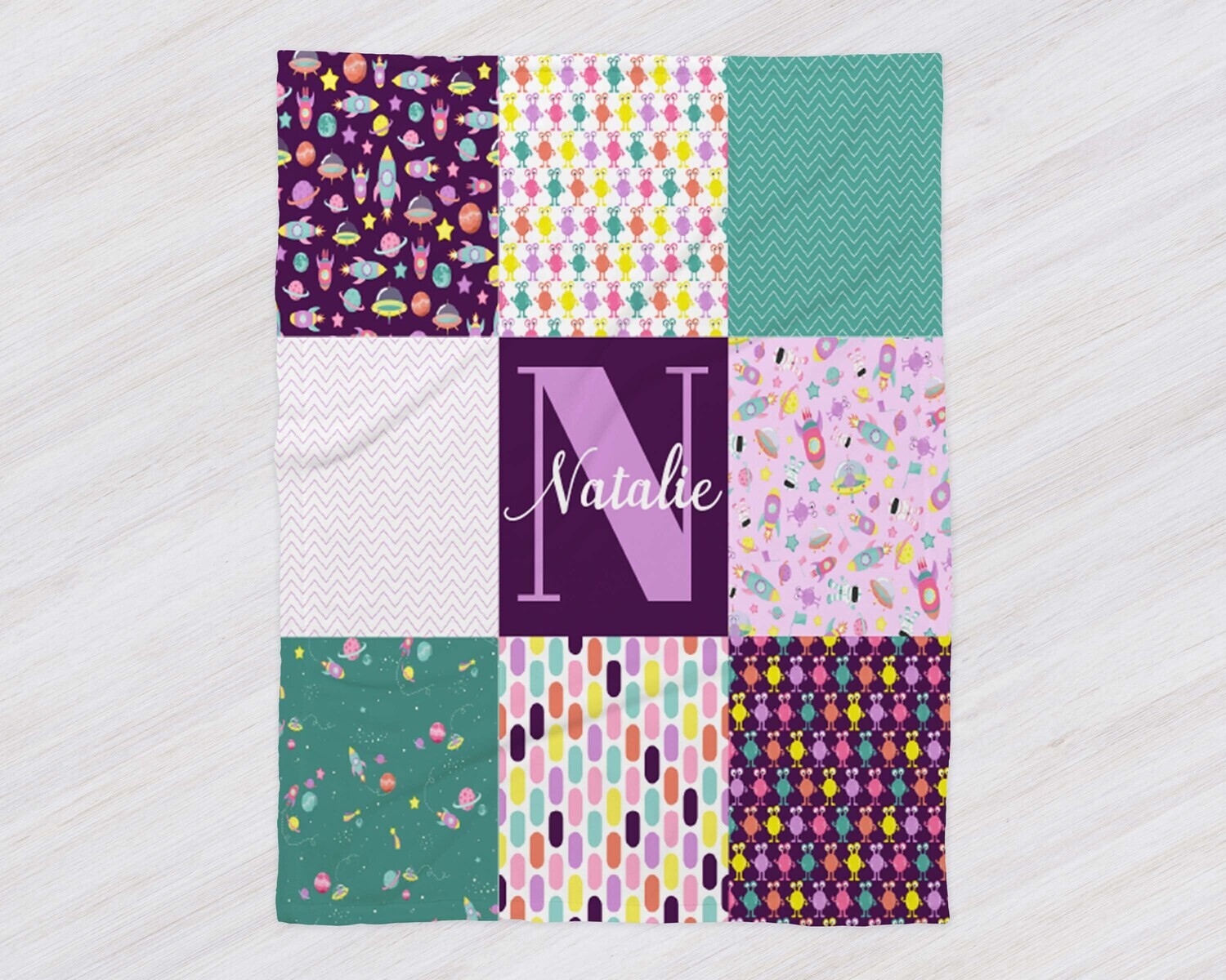 Custom Shabby Chic Space And Alien Girl Pattern Name Blanket, Purple And Blue Minky Baby Blanket, Kid Space Pattern Blanket, Toddler Girl