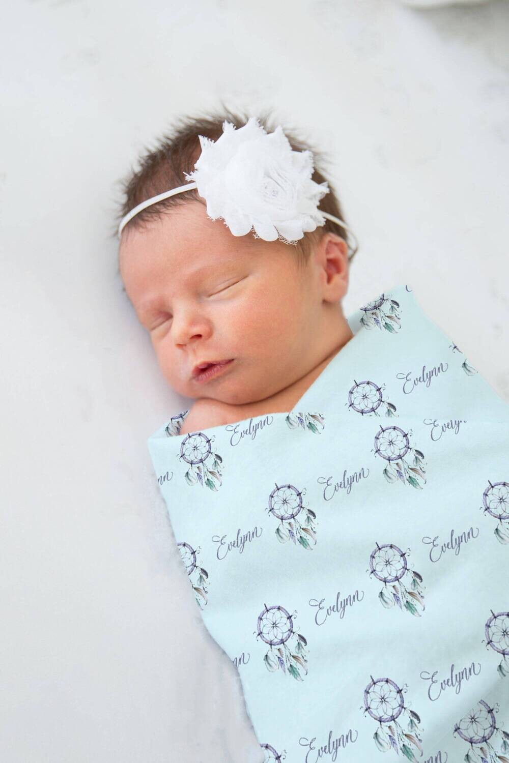 Personalized Baby Girl Custom Name Boho Dream Catcher Knotted Swaddle Blanket, Blue Dream Catcher Baby Girl Swaddle Name Blanket Gift Idea