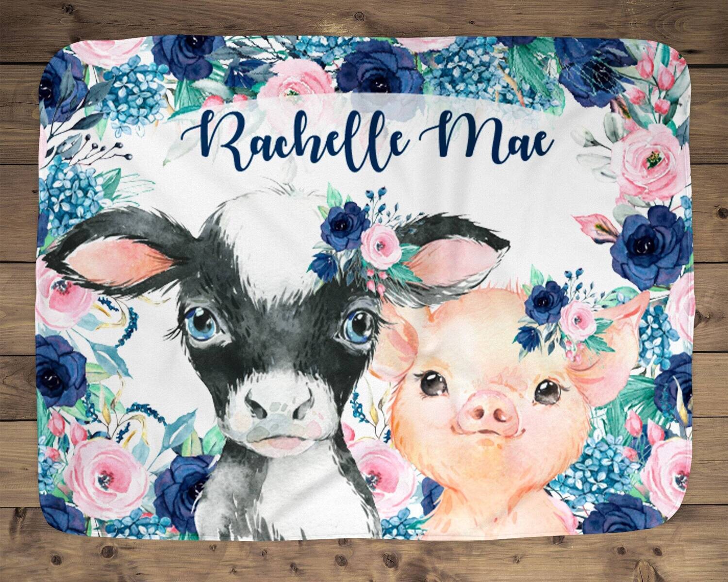 Personalized Cow And Pig In Blue And Pink Floral Baby Girl Name Blanket, Cow Baby Gift, Farm Baby, Farm Blanket, Blanket Girl, Flower Pig