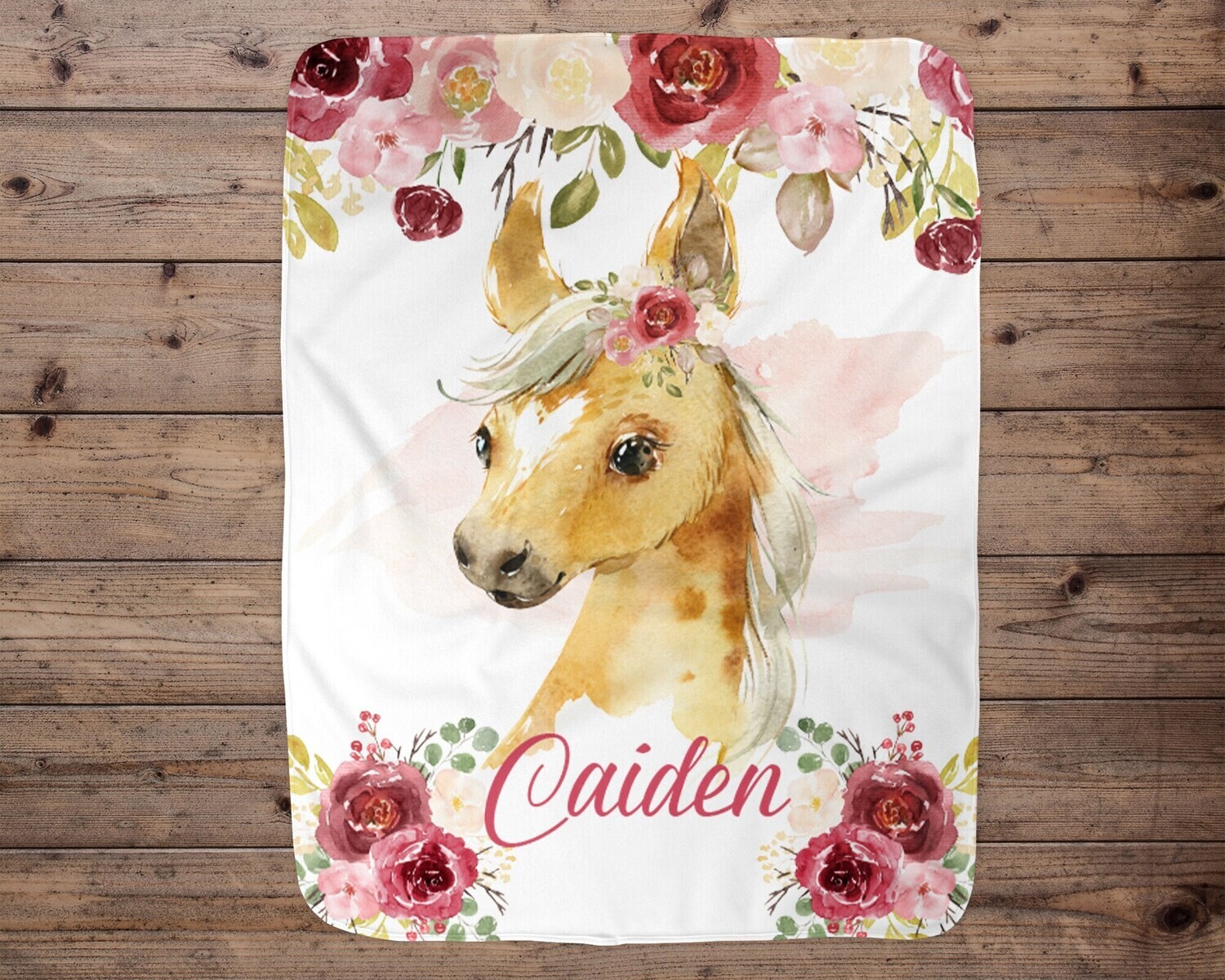 Horse Personalized Baby Girl Blanket, Baby Blanket, Name Baby Blanket, Baby Gift, Horse Blanket, Blanket Girl, Floral, Tan Horse , Girl Gift