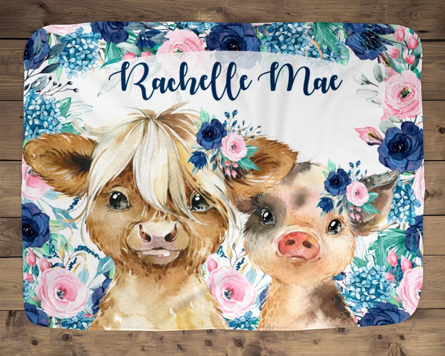 Cow And Pig Personalized Baby Girl Blanket, Baby Blanket, Name Baby Blanket,Cow Baby Gift, Farm Baby, Farm Blanket, Blanket Girl, Floral Pig