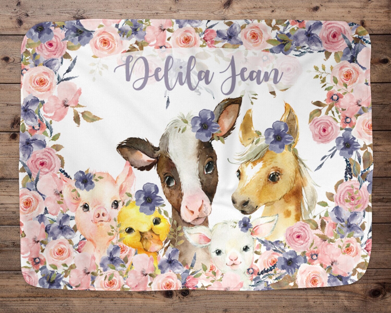 Farm Animal Personalized Baby Girl Name Blanket, Baby Blanket, Name Baby Blanket, Baby Gift, Farm Baby Blanket, Girl, Floral, Purple Cow