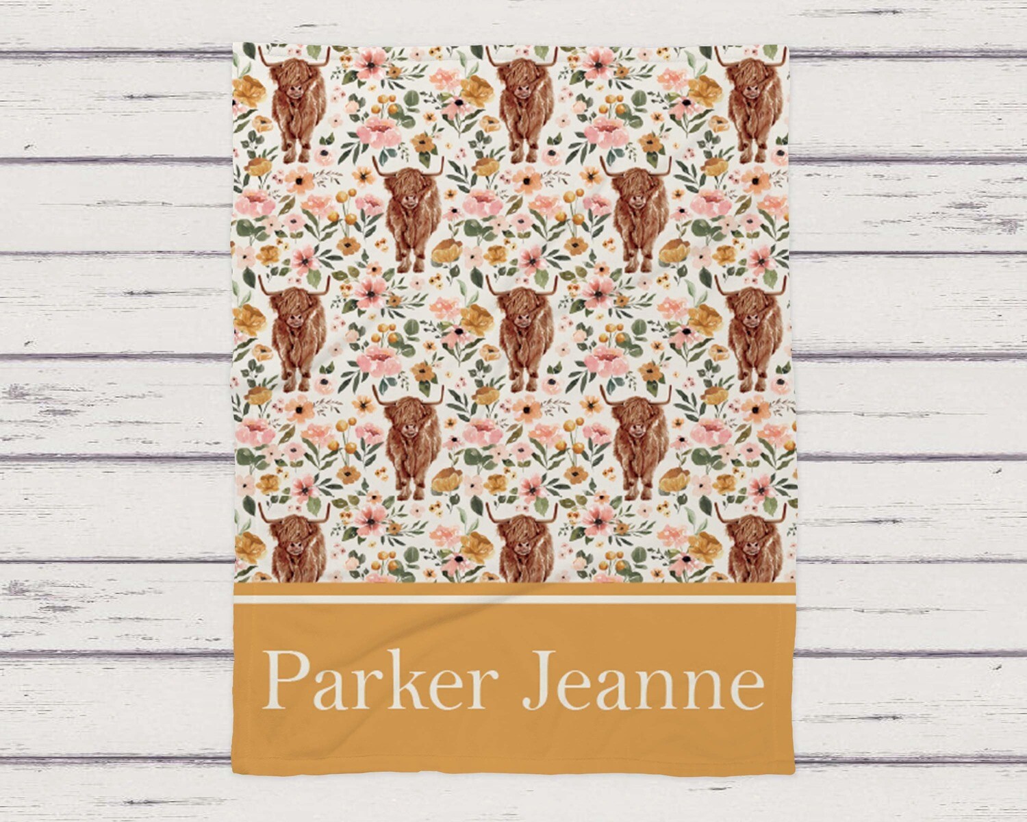 Personalized Boho Floral Highland Cow Name Pattern Blanket, Baby Girl Brown Cow Gift, Bohemian Flower Brown Cattle Cow Blanket Gift Idea Her