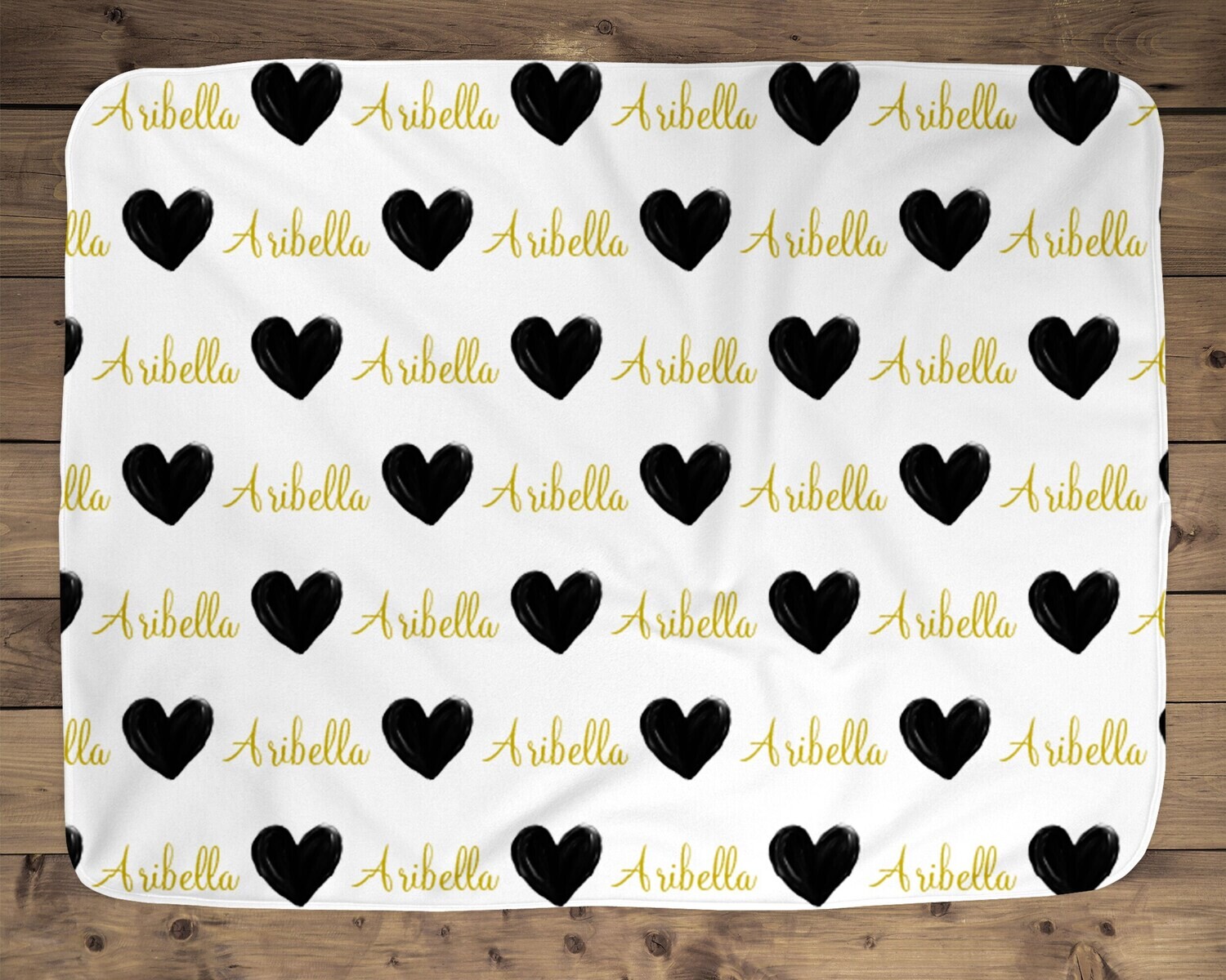 Personalized Black and Gold Heart Valentine Name Blanket, Baby Valentines Idea, Custom Baby Heart Gift, Valentines Day Baby, Name Blanket