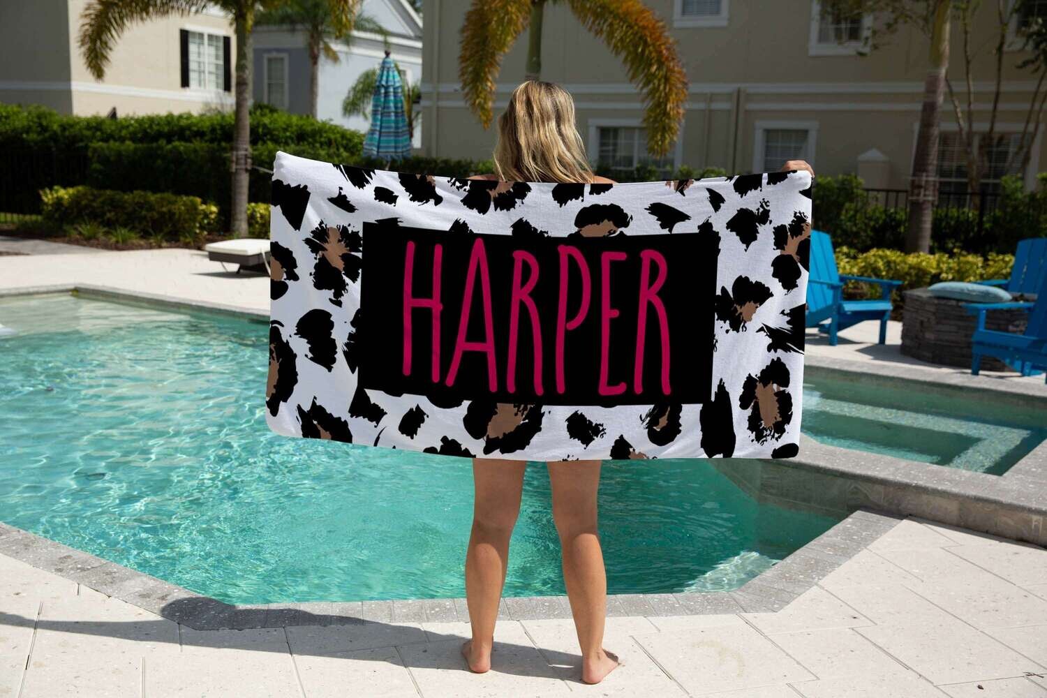 Personalized Pink Leopard Print Name Beach Towel, Girls Beach Towel Gift Idea, Mothers Day Gift, Summer Gift, Beach Idea, Child Name Towel