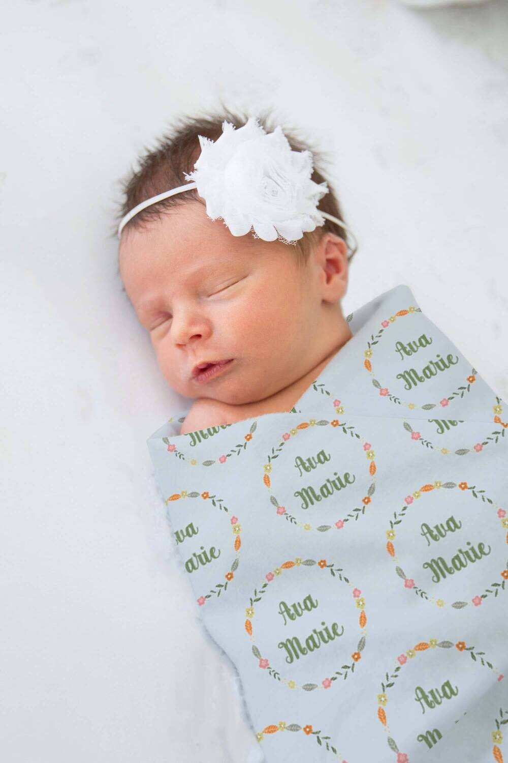 Personalized Baby Girl Custom Name Fall Floral Knotted Swaddle Blanket, Blue And Green Fall Flower Baby Girl Swaddle Name Blanket Gift Idea