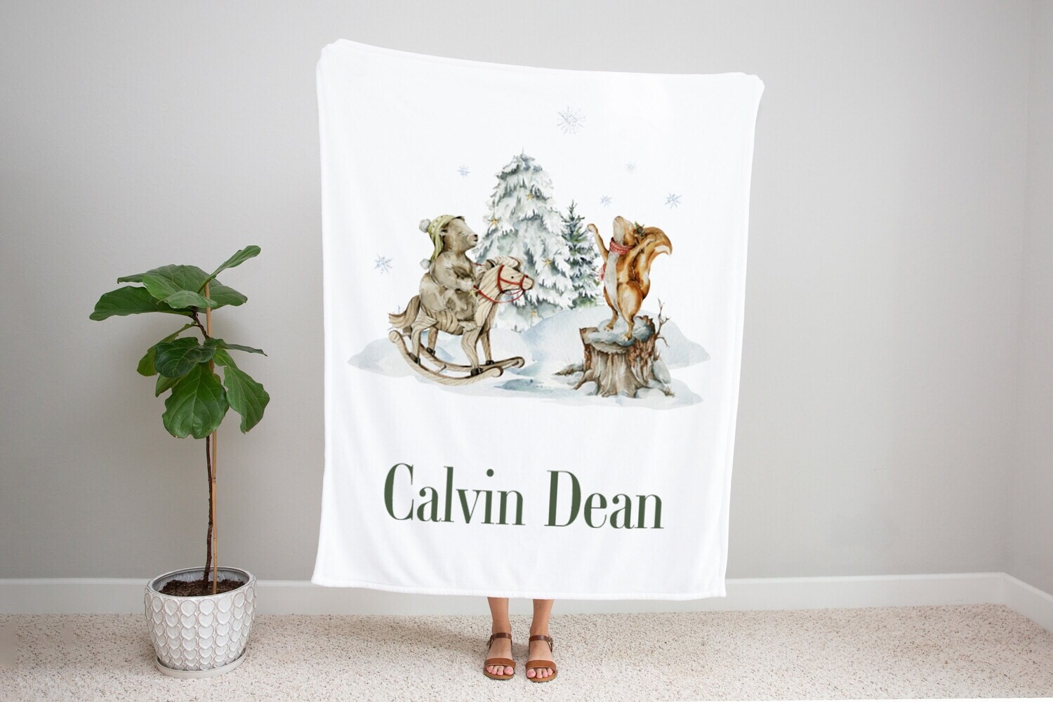 Personalized Kids Name Christmas Blanket, Fox And Bear Christmas Blanket, Kids Christmas Gift Idea, Baby Boy Christmas Blanket, Holiday Trex
