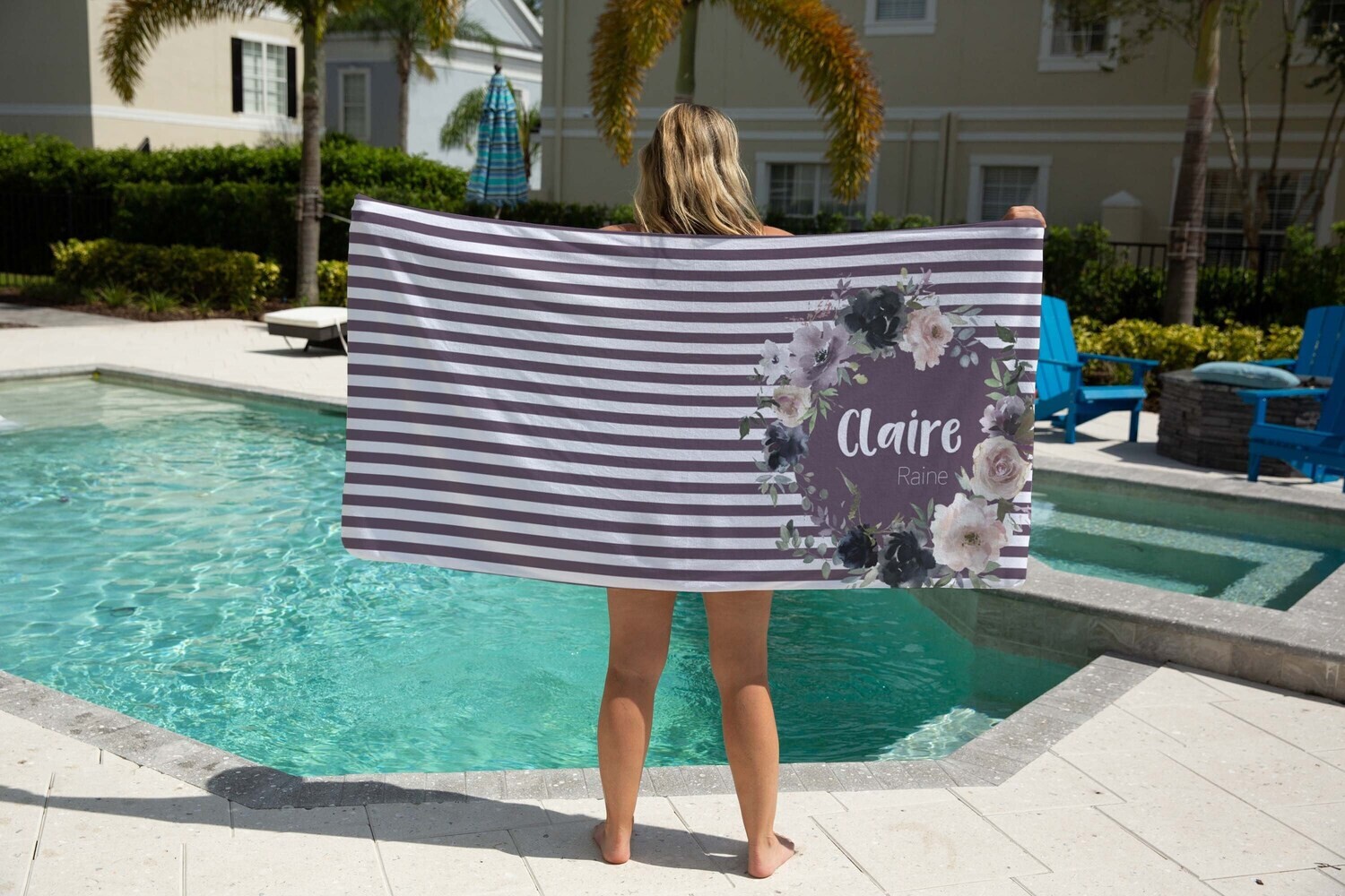 Personalized Purple Floral Print Name Beach Towel, Girl Beach Towel Gift Idea, Summer, Summer Gift, Teen Beach Idea, Child Name Beach Towel