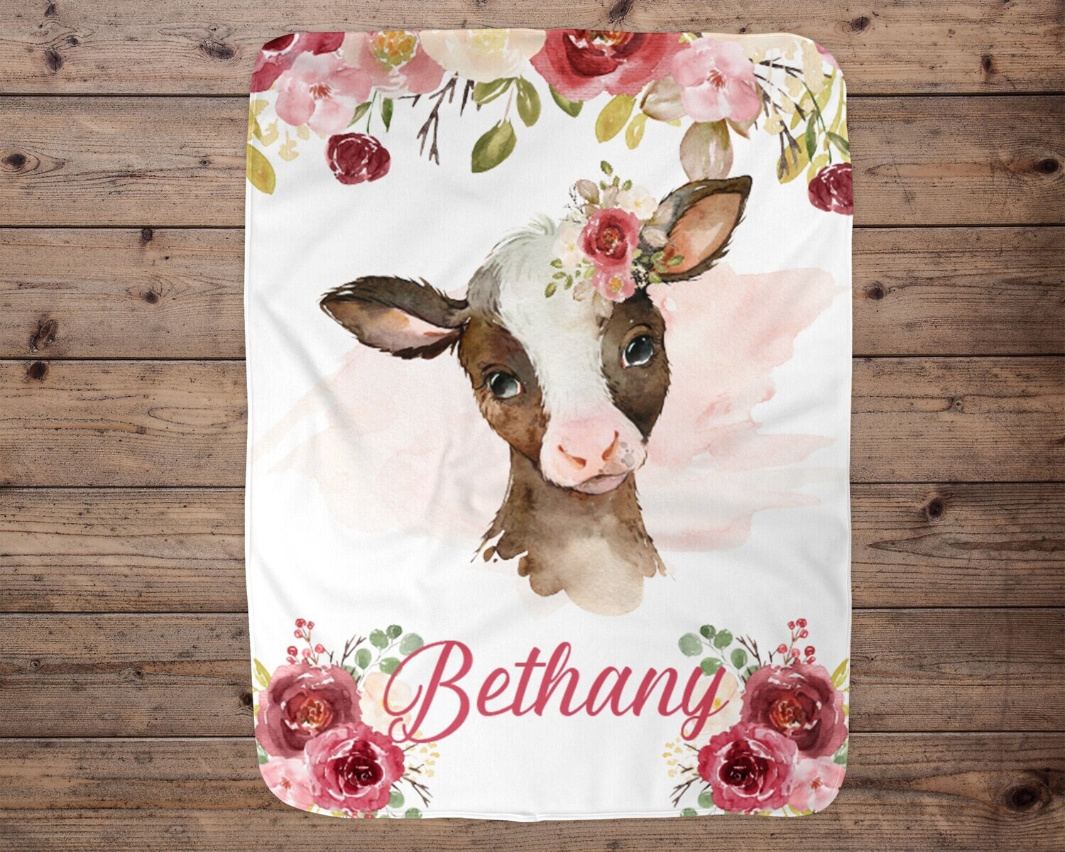 Cow Personalized Baby Girl Blanket, Baby Blanket, Name Baby Blanket, Baby Gift, Cow Blanket, Blanket Girl, Floral, Brown Cow, Girl Gift, Cow