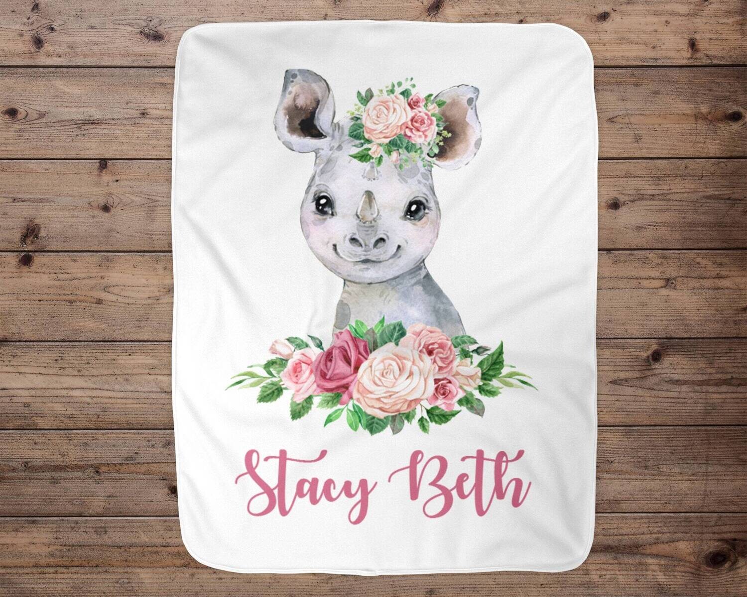 Rhino Personalized Baby Girl Blanket, Baby Blanket, Name Baby Blanket, Baby Girl Gift, Floral Baby, Rhino Blanket, Blanket Girl, Rhinoceros