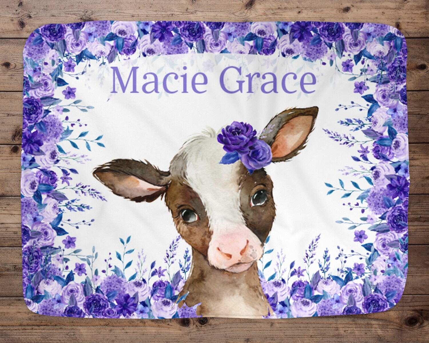 Cow Personalized Baby Girl Blanket, Baby Blanket, Name Baby Blanket,Cow Baby Gift, Farm Baby, Farm Blanket, Blanket Girl, Floral, Purple Cow