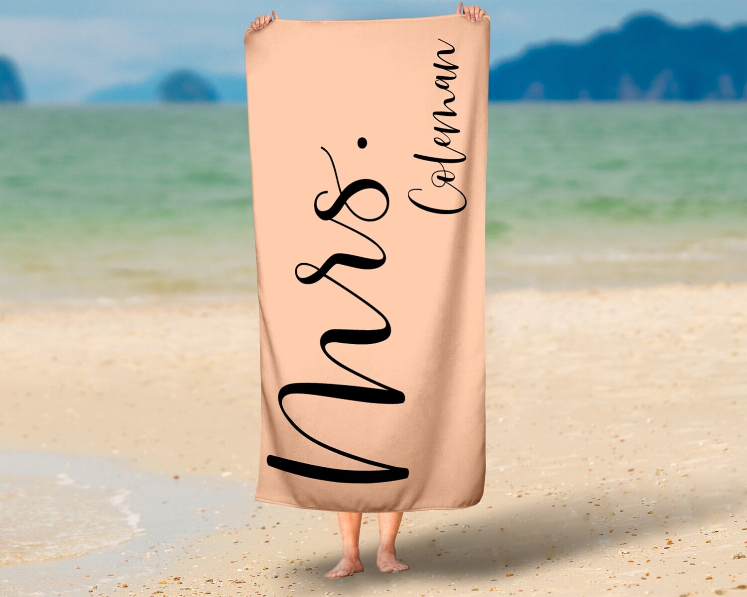 Personalized New Bride Name Beach Towel, Mrs. Beach Towel Gift Idea, Summer Wedding Gift, Summer Bride Gift, Beach Idea, Bride Name Towel