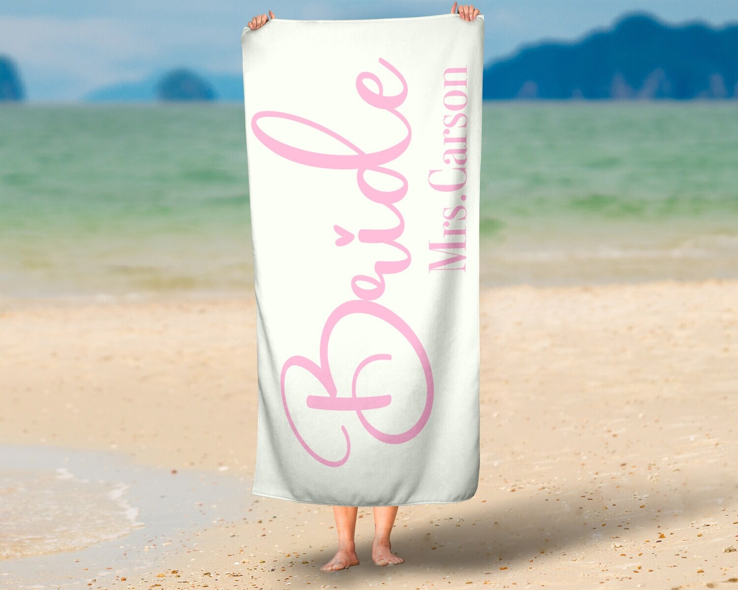 Personalized Bride Name Beach Towel, Mrs. Vacation Gift Idea, Summer Wedding, Maid of Honor, Bridesmaid Idea, Wife Towel, Her Marriage Gift