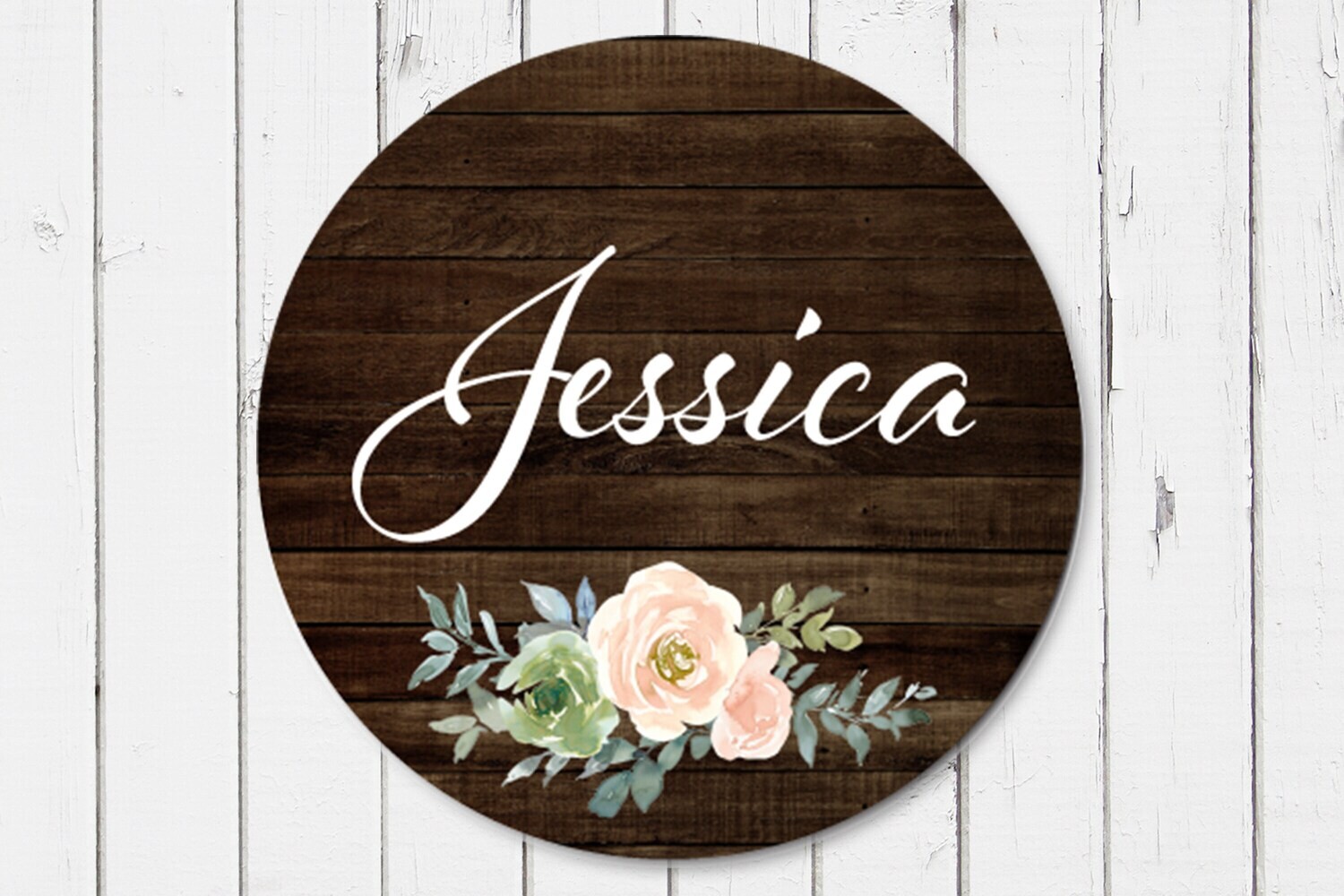 Customized Round Wood Sign, Floral Name Sign, Circle Sign For Baby Girl, Peach Floral Sign, Personalized Sign With Flowers, Baby Girl Sign