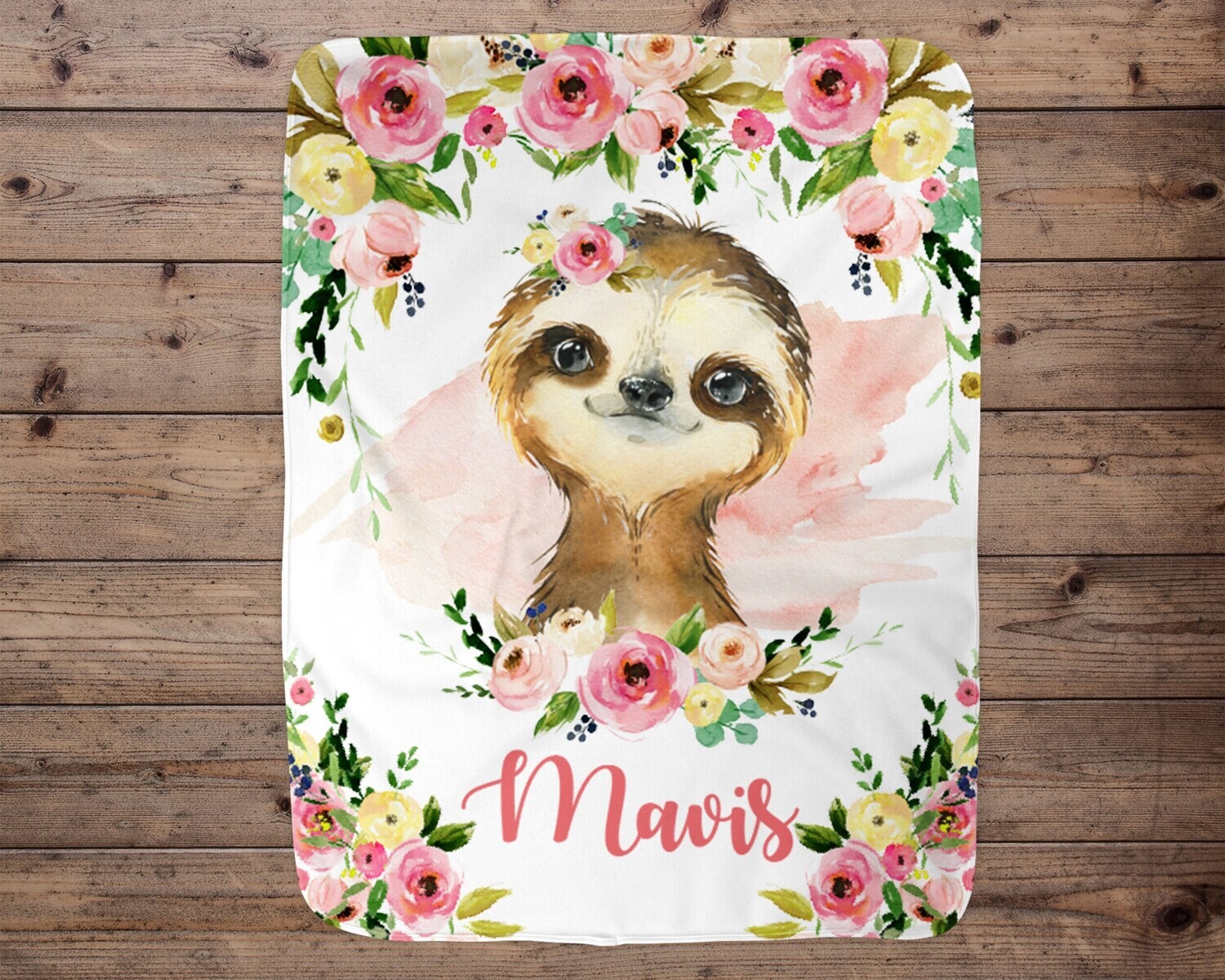 Sloth Personalized Blanket, Baby Blanket, Name Baby Blanket, Girl Baby Gift, Floral, Swaddle Blanket, Blanket Girl, Girl Sloth, Pink, Minky