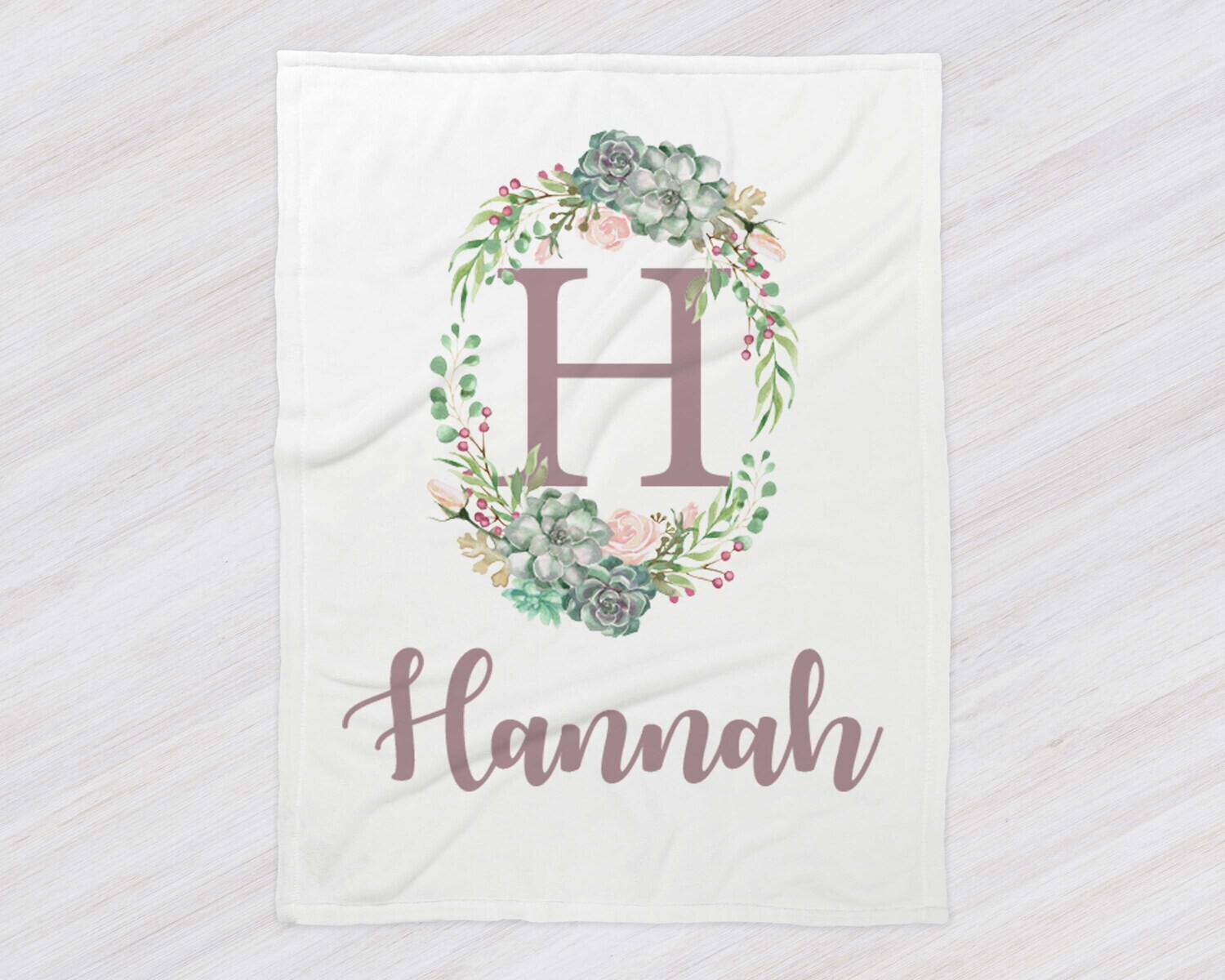 Personalized Girl Succulent Plant Wreath Name Blanket, Girl Floral Baby Blanket Gift, Floral, Purple Blanket Girl, Succulent, Name Blanket