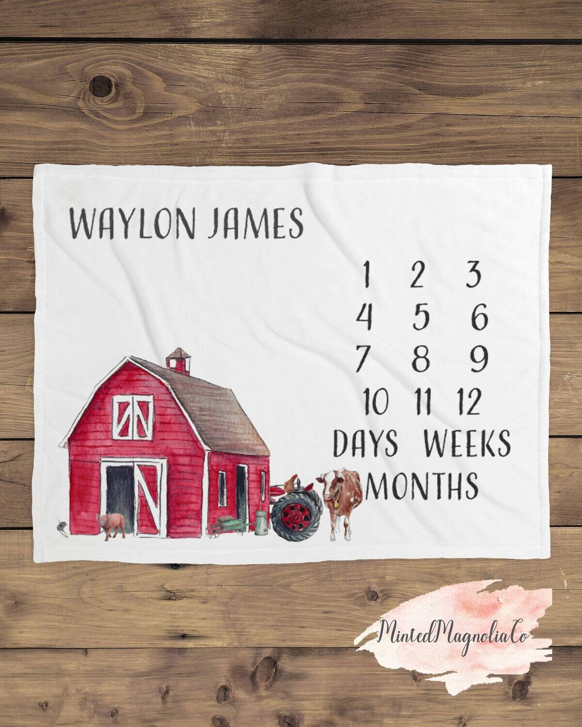 Custom Farm Animal Red Barn Age Name Milestone Baby Blanket Photo Prop For Newborn, Farm Animal Baby Shower Gift Idea, Farm Baby Gift, Boy