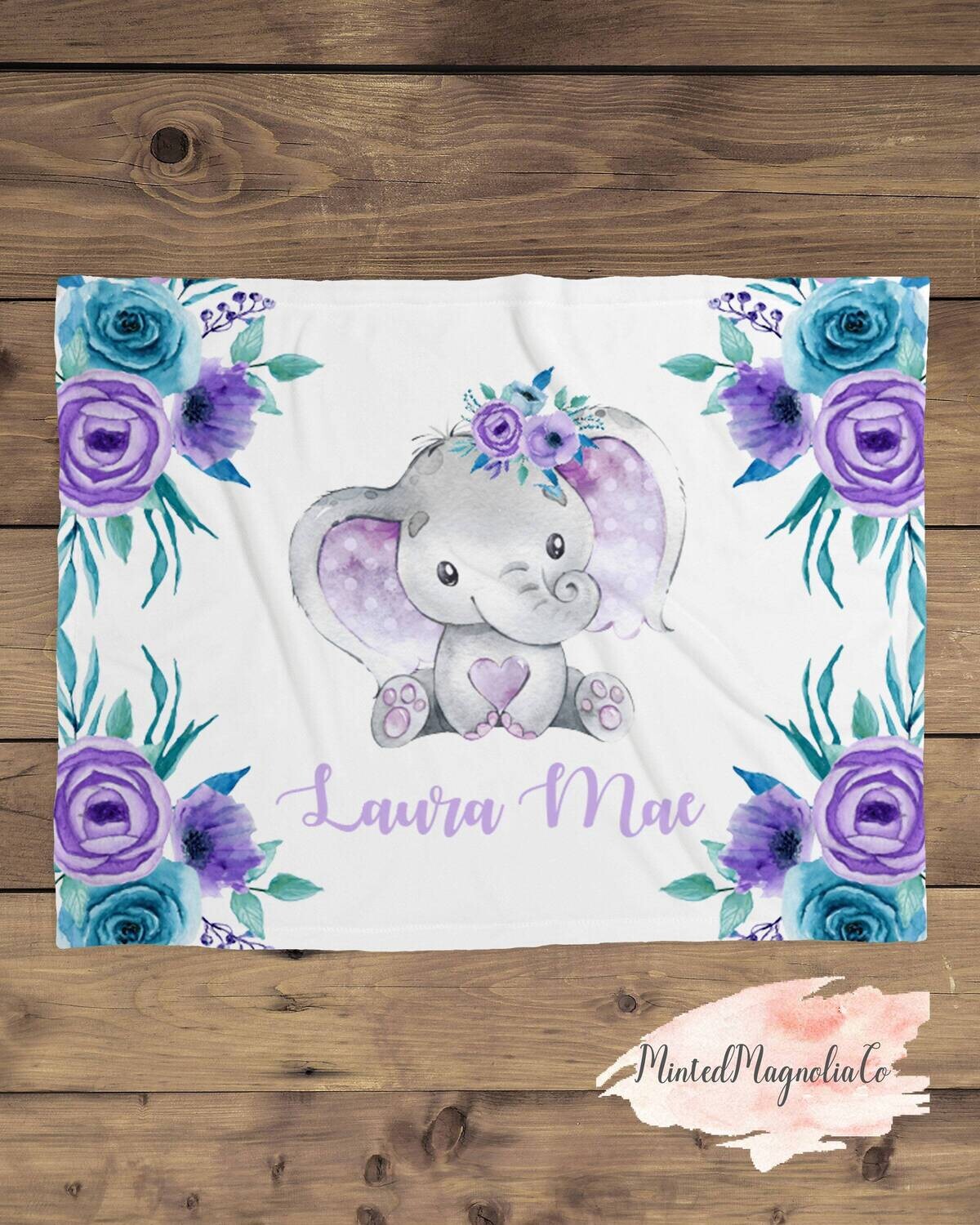Customized Purple Floral Elephant Personalized Name Blanket For Baby Or Kid, Purple Elephant Name Blanket For Girl, Purple Floral Gift