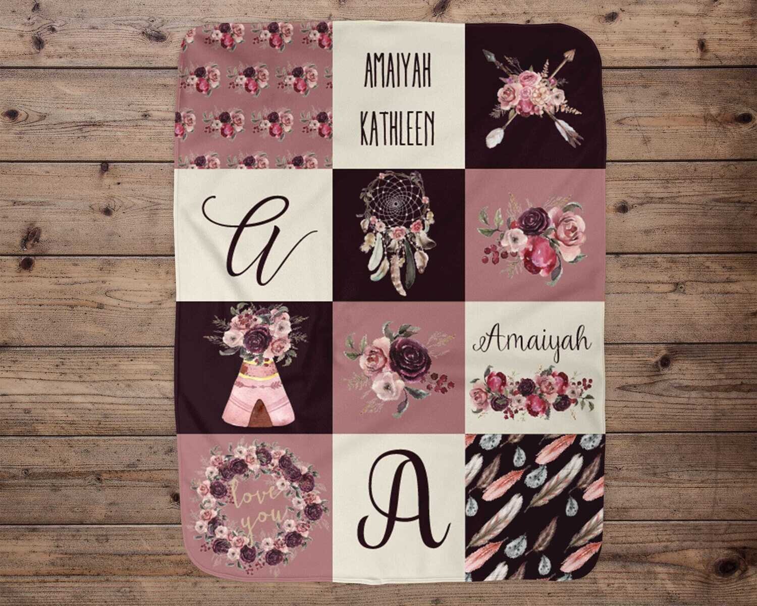 Boho Personalized Baby Blanket, Baby Blanket, Name Baby Blanket, Girl Baby Gift, Boho Floral, Gift for Girl, Her, Blanket Girl, Boho Nursery