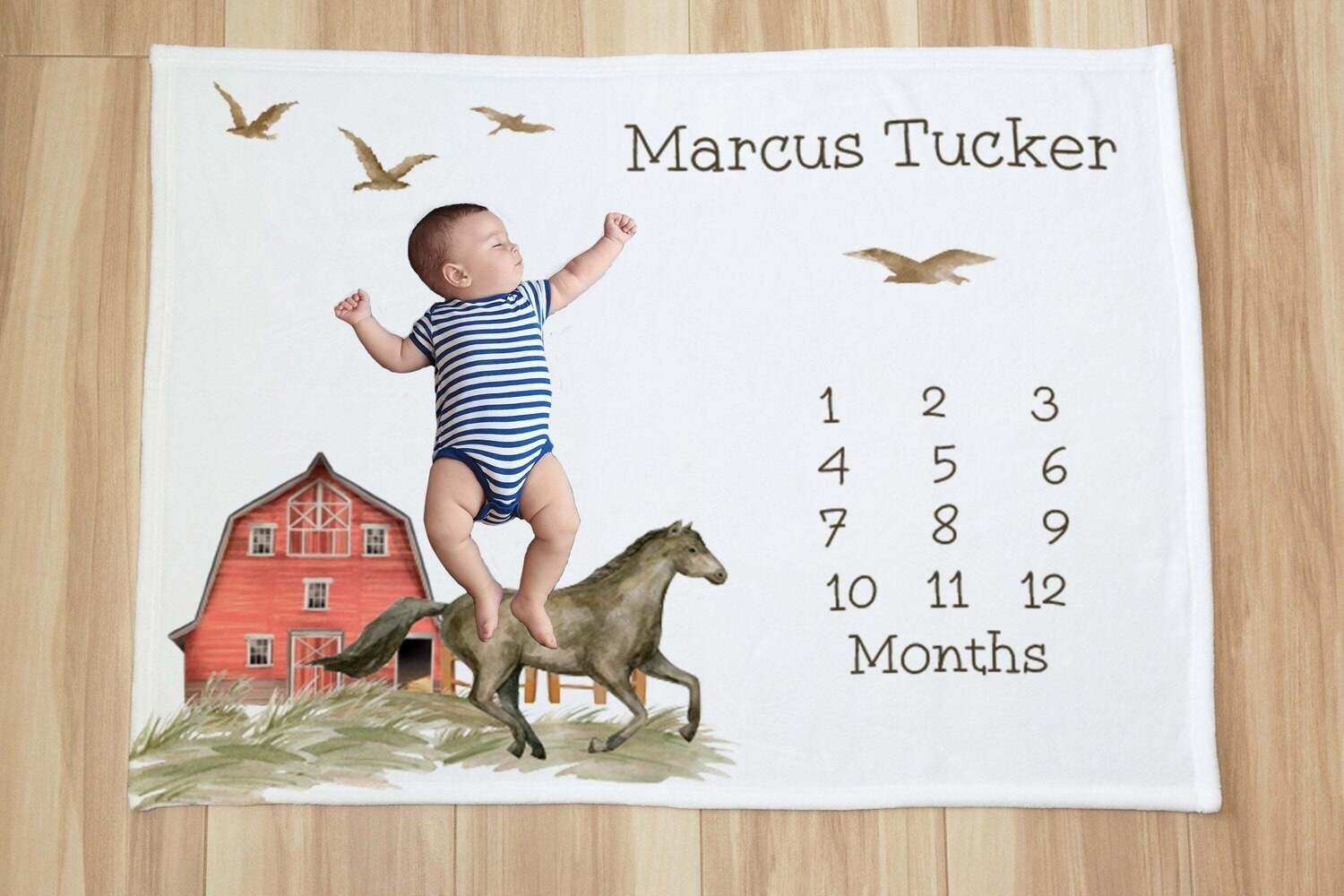 Custom Western Horse And Barn Age Name Milestone Baby Blanket Photo Prop For Newborn, Horse Baby Shower Gift Idea, Horse Baby Age Blanket