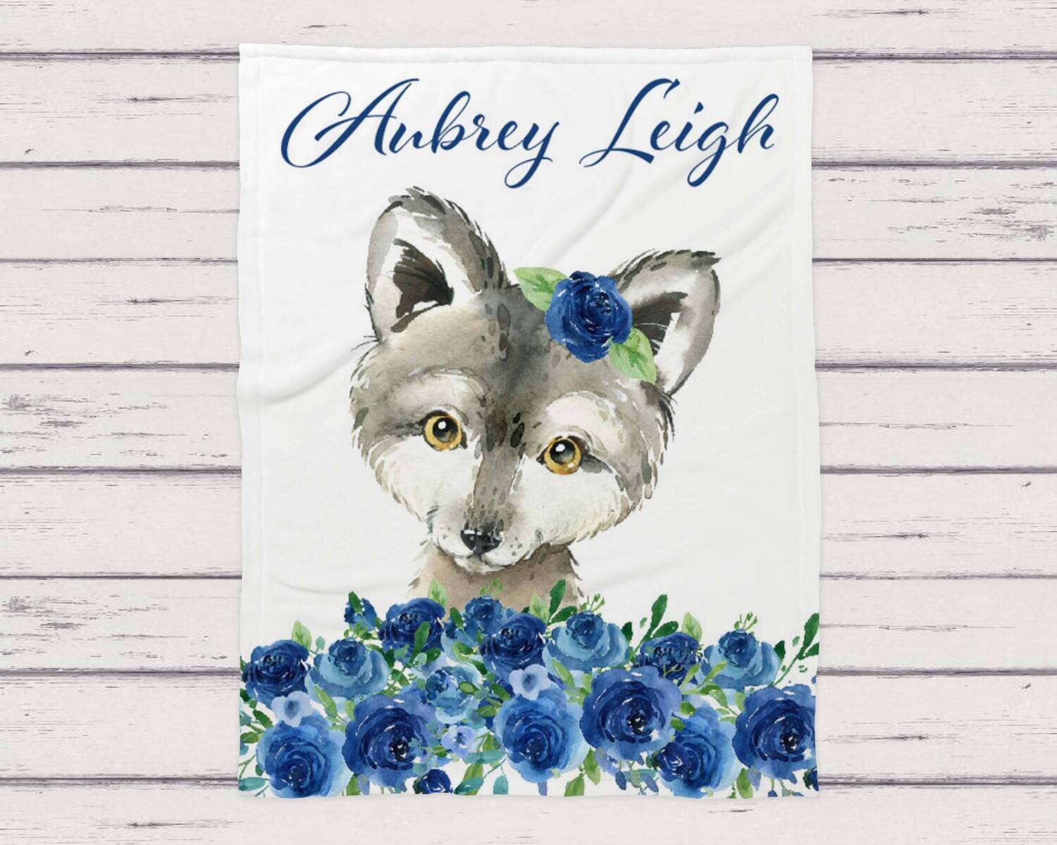 Wolf Personalized Baby Girl Blanket, Baby Blanket, Name Baby Blanket, Baby Girl Gift, Floral Baby, Wolf Blanket, Blanket Girl, Girl, Blue