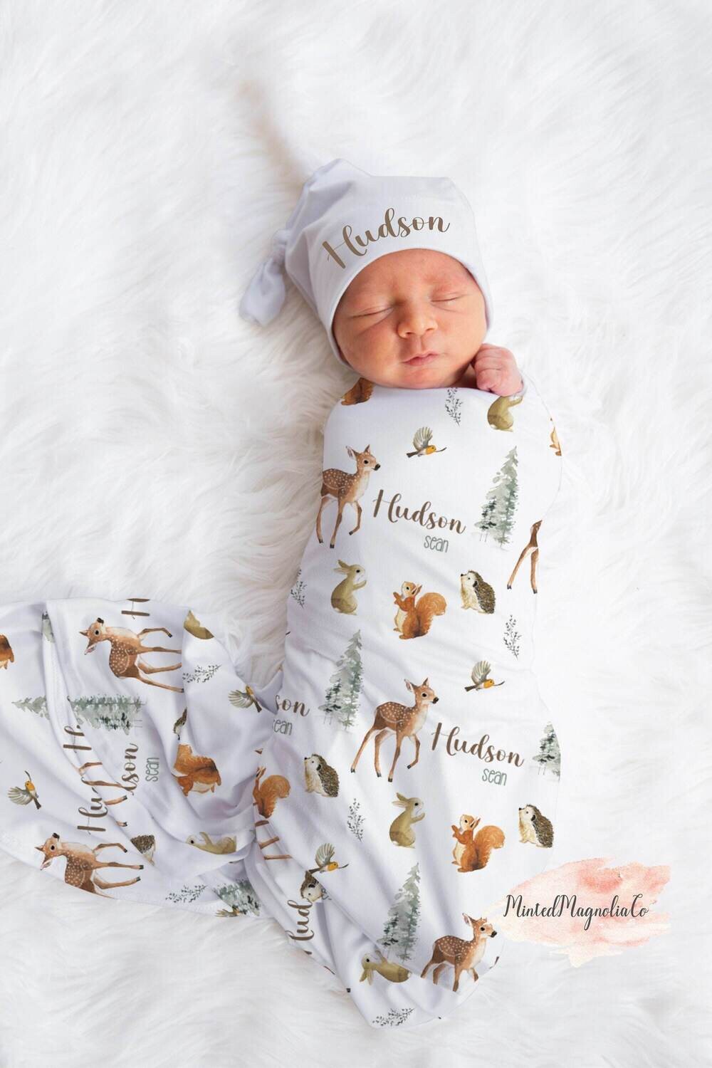 Personalized Woodland Animal Baby Name Custom Swaddle Gift Idea For Baby Boy, Newborn Baby Woodland Animal Swaddle Blanket Photo Prop, Deer