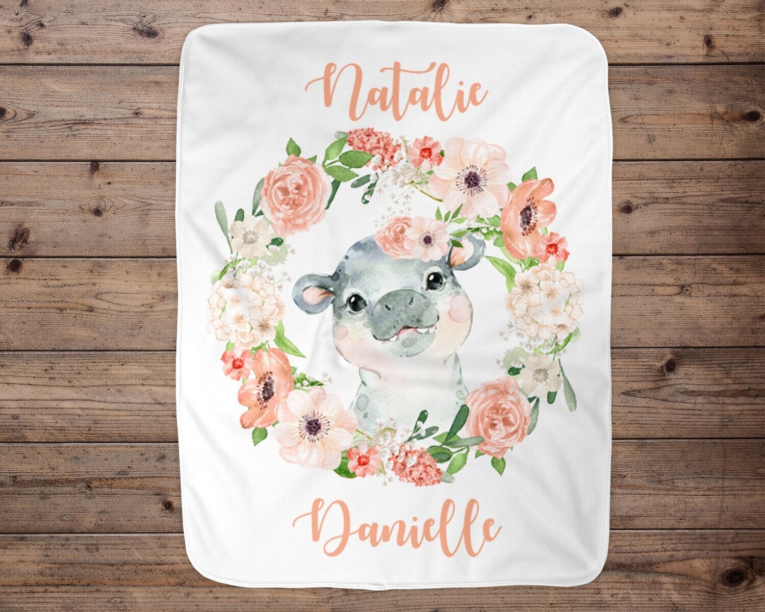 Hippo Personalized Baby Blanket, Baby Blanket, Name Baby Blanket, Girl Baby Gift, Peach Flowers , Swaddle Blanket, Blanket Girl, Hippo, Pink