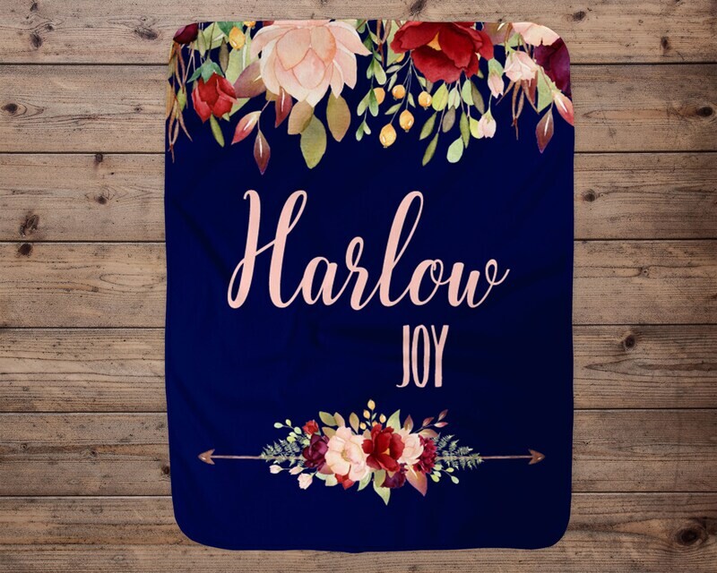 Personalized Blue And Pink Floral Arrow Name Blanket, Name Blanket, Girl Baby Gift, Boho Floral, Gift for Girl, Blanket Girl, Boho Nursery