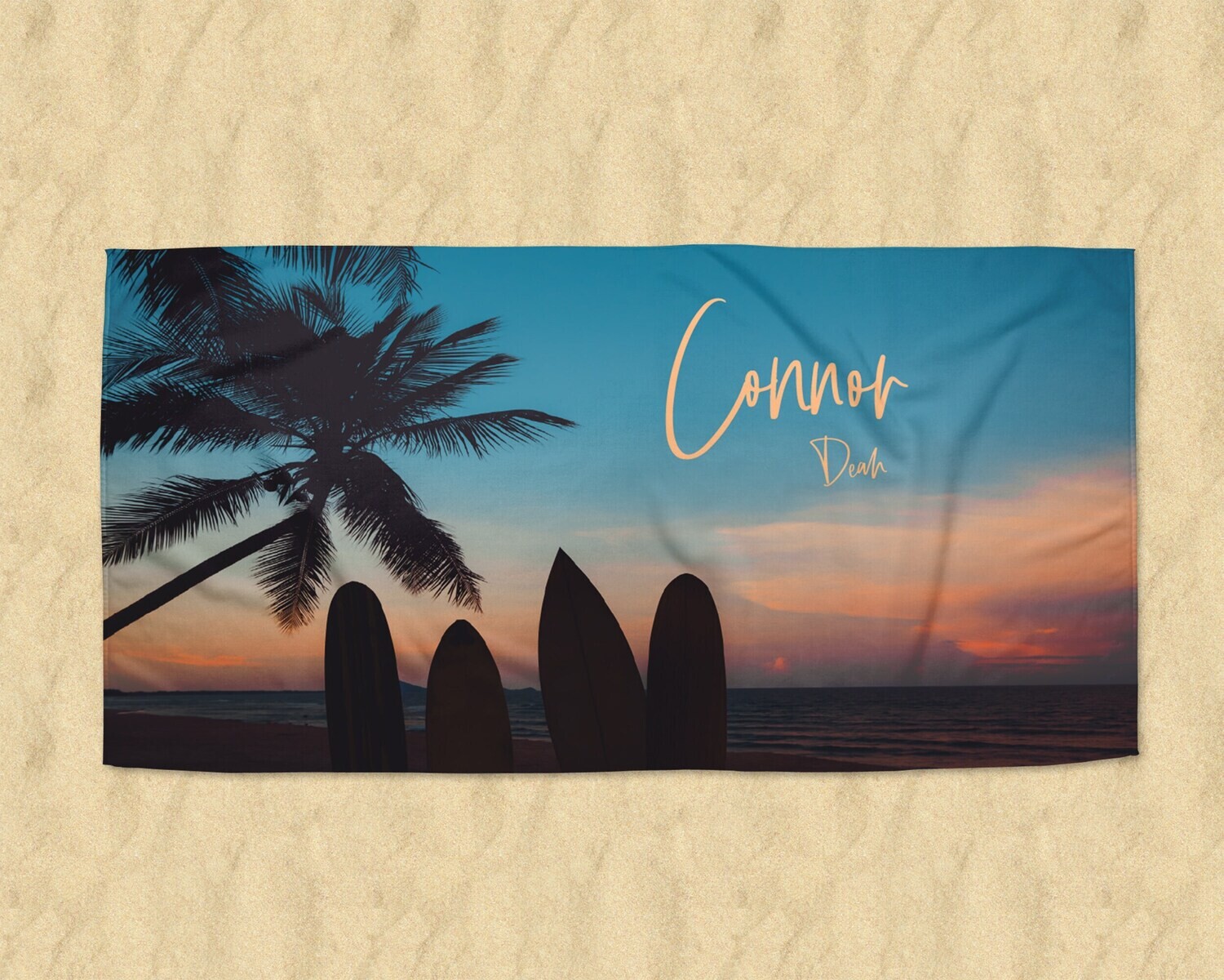Personalized Surf Sunset Print Name Beach Towel, Boy Beach Towel Gift Idea, Boy Summer, Summer Gift, Teen Beach Idea, Child Name Beach Towel