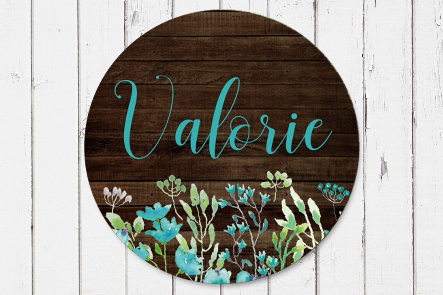 Customized Round Wood Sign, Floral Name Sign, Circle Sign For Baby Girl, Blue Floral Sign, Personalized Sign With Flowers, Baby Girl Sign