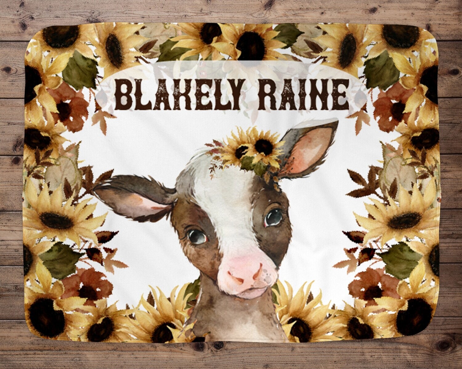 Fall Sunflower Baby Cow Personalized Baby Girl Name Blanket, Name Baby Blanket, Cow Gift, Farm Baby, Farm Nursery Blanket Girl, Sunflower