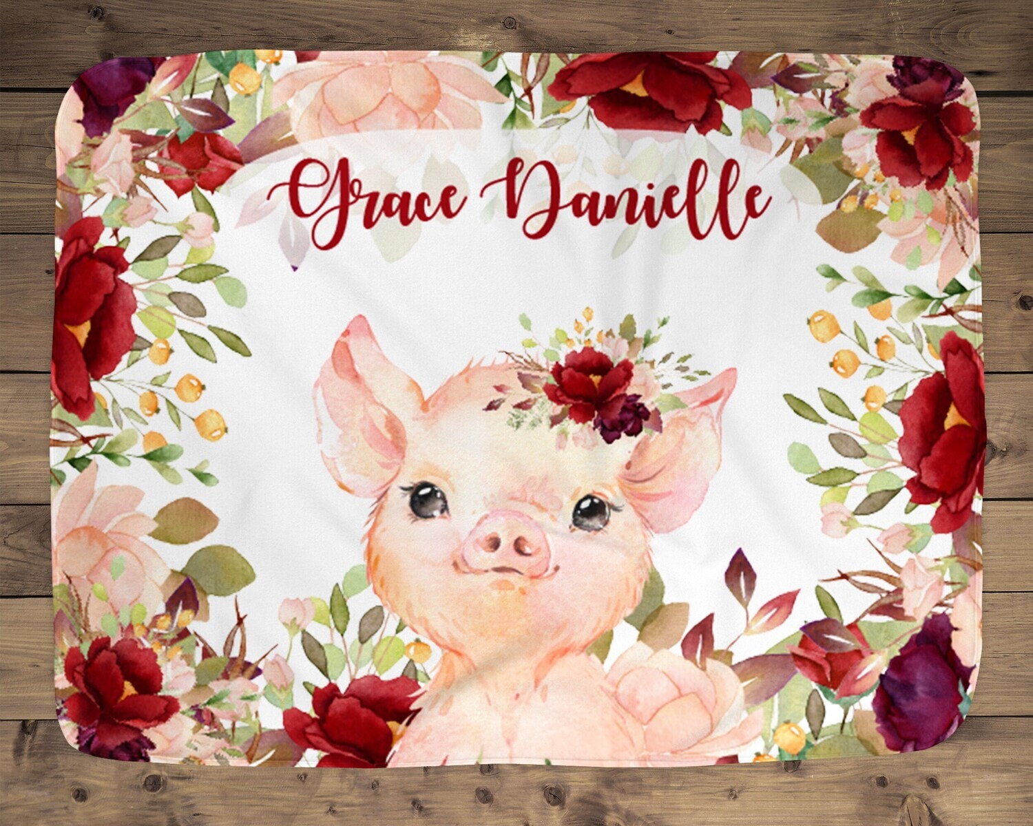 Piglet Personalized Baby Girl Blanket, Baby Blanket, Name Baby Blanket, Baby Girl Gift, Floral Baby, Pig Blanket, Blanket Girl, Girl, Red