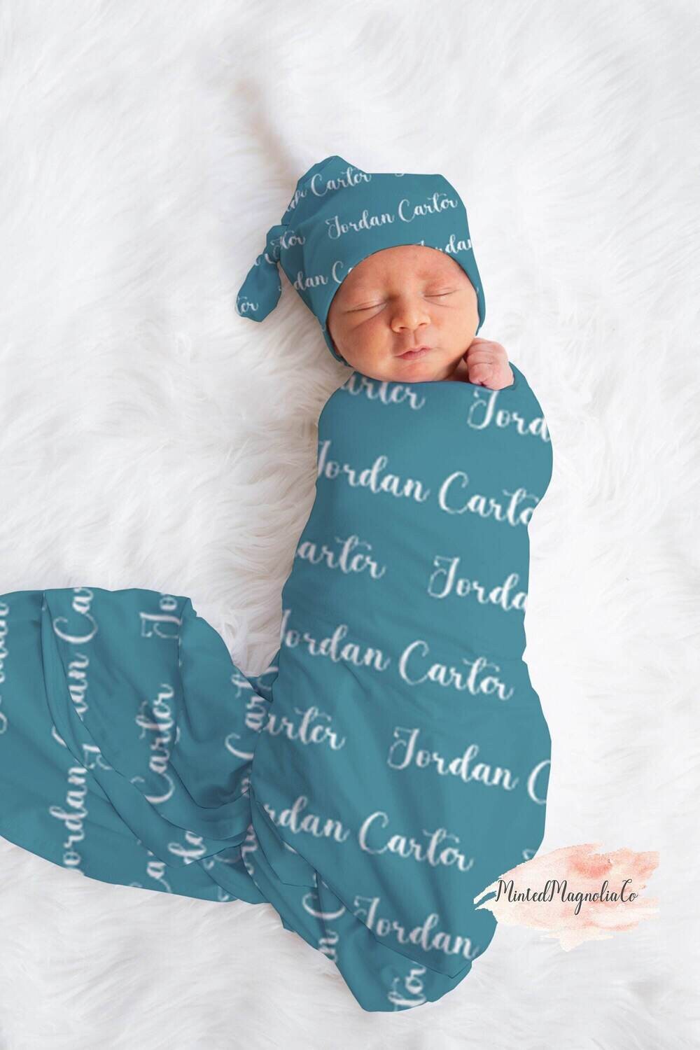 Personalized Baby Boy Custom Blue Repeating Name Swaddle For Newborn Baby, Gender Neutral Teal Aqua Newborn Baby Photo Prop, Baby Boy Gift