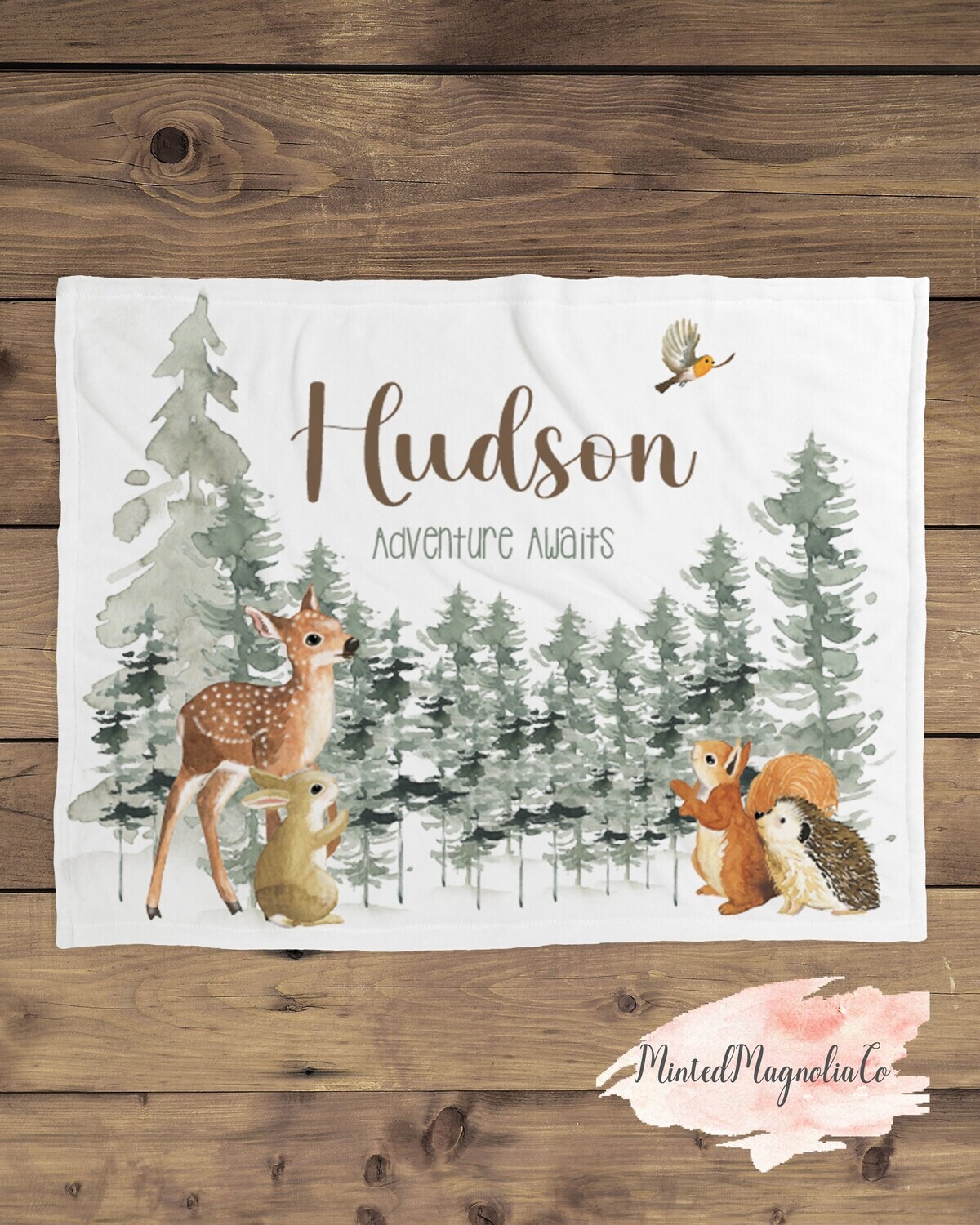 Personalized Woodland Animal Baby Name Custom Blanket Gift Idea For Baby Boy, Newborn Baby Woodland Animal Blanket Photo Prop, Deer Room Him