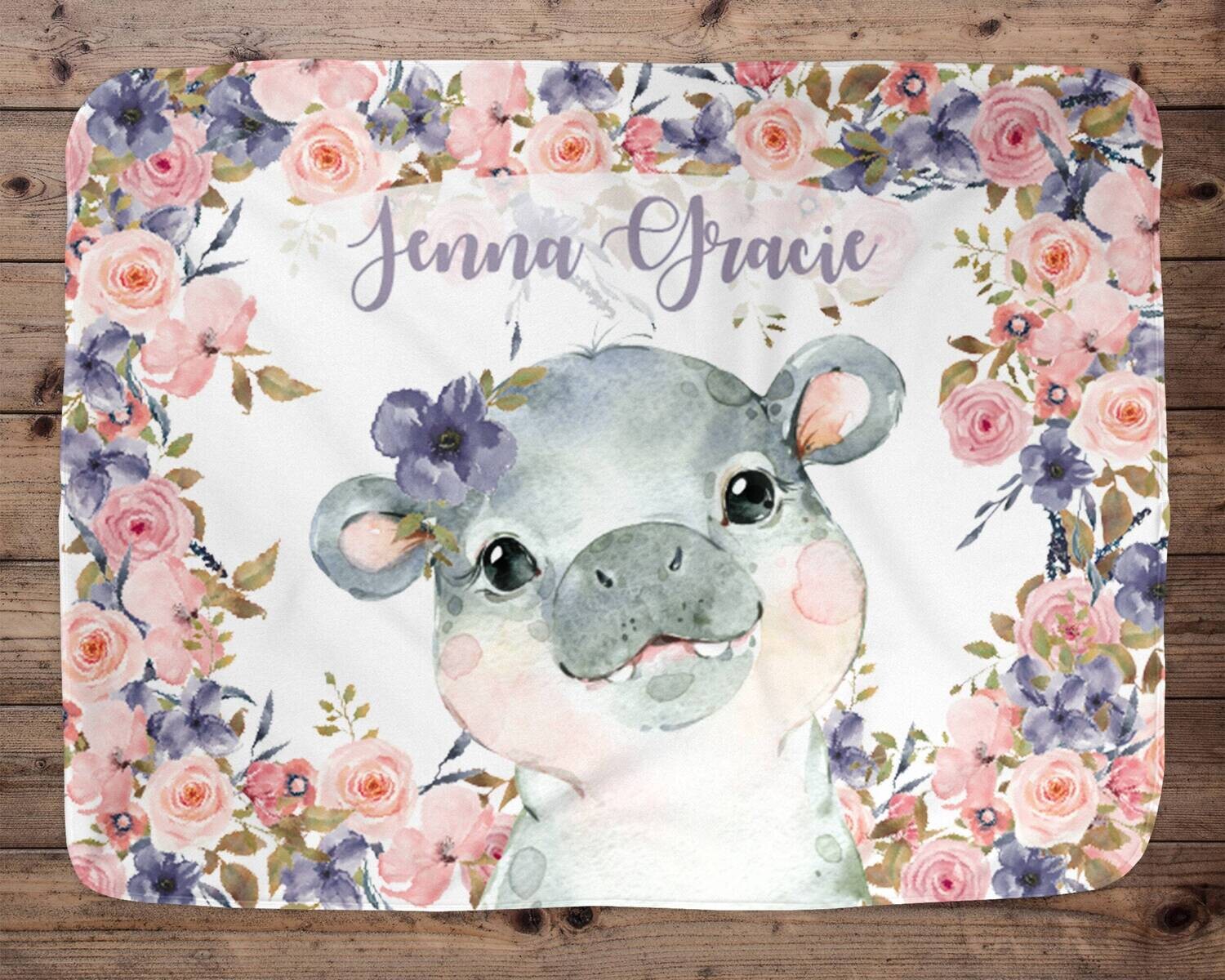 Personalized Baby Girl Blanket, Baby Blanket, Name Baby Blanket,Hippo Baby Gift, Hippo Baby, Zoo Blanket, Blanket Girl, Floral, Purple Hippo