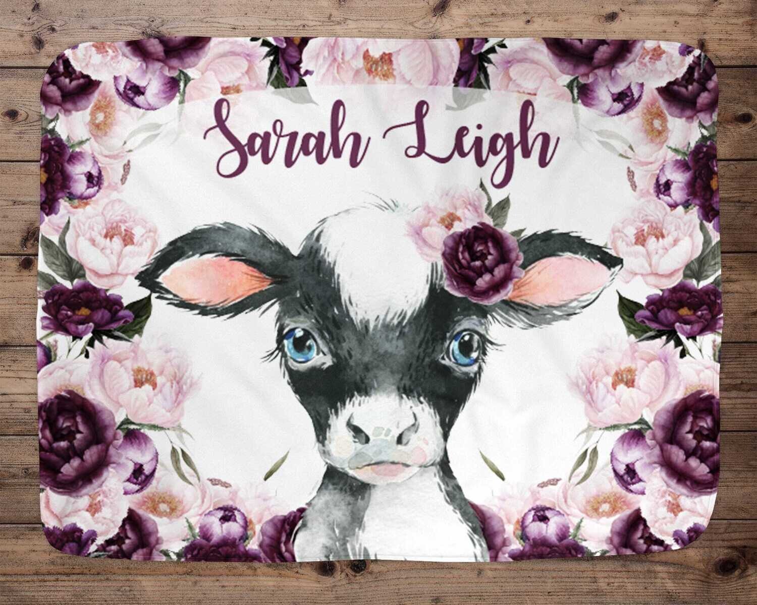 Cow Personalized Baby Girl Blanket, Baby Blanket, Name Baby Blanket,Cow Baby Gift, Farm Baby, Farm Blanket, Blanket Girl, Purple Rose Floral