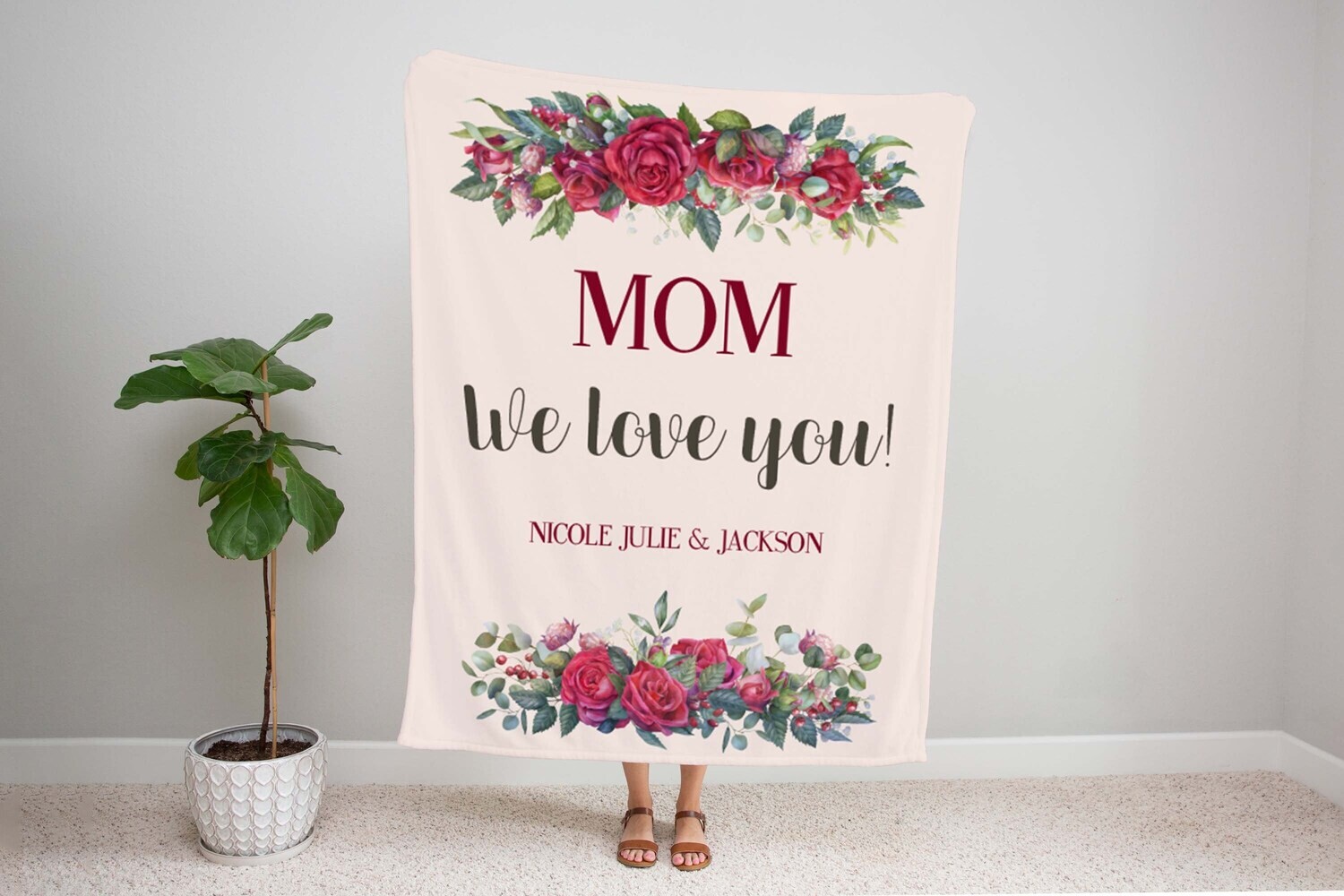 Customized We Love Mom Rose Flower Blanket, Mothers Day Gift, Mom Blanket Christmas Gift For Mom Personalized Mom Blanket, Custom Name Gift