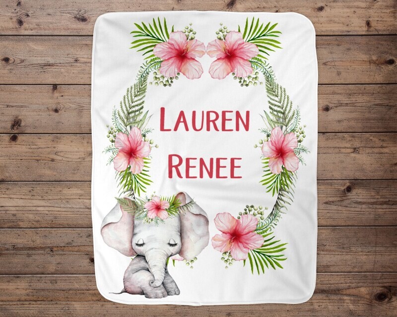 Elephant Personalized Blanket, Baby Blanket, Name Baby Blanket, Girl Baby Gift, Tropical , Swaddle Blanket, Blanket Girl, Elephant, Pink