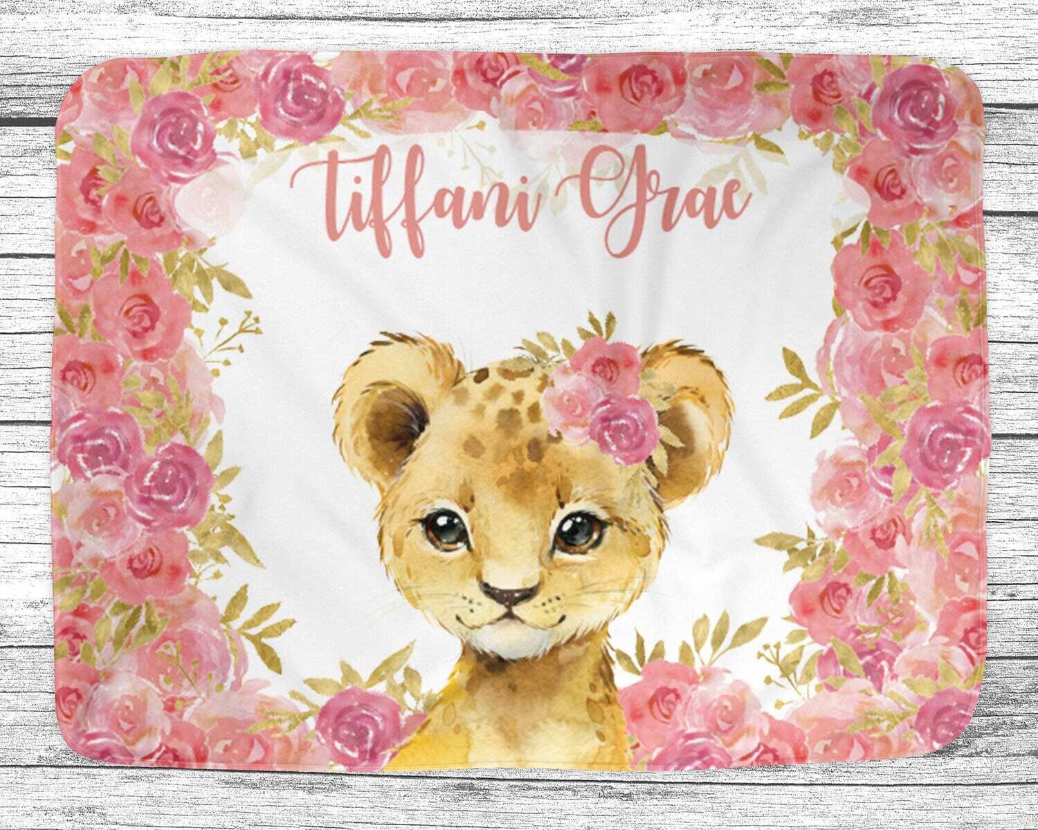 Personalized Baby Lion Blanket, Baby Blanket, Name Baby Blanket, Girl Baby Gift, Baby, Lion Blanket, Blanket Girl, Pink And Gold Floral Lion