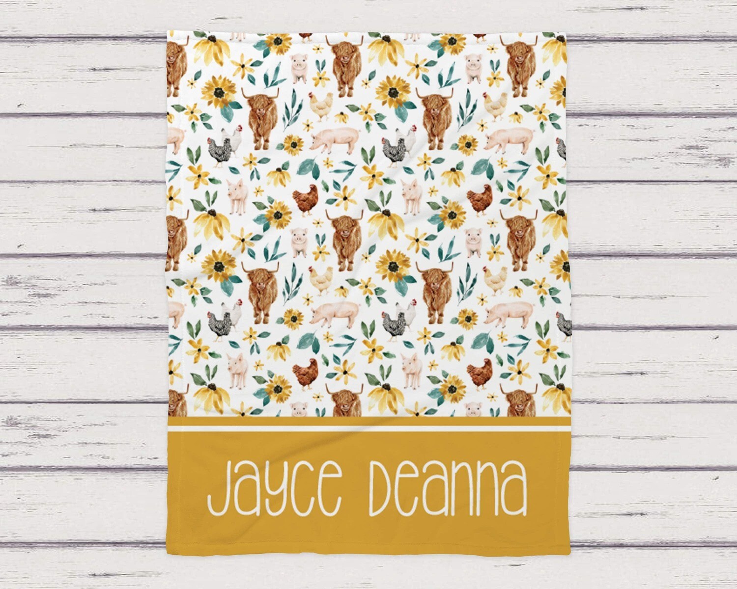 Personalized Sunflower Farm Animal Highland Cow Name Pattern Blanket, Baby Girl Brown Cow Gift, Farm Animal Highland Cow Blanket Gift Idea