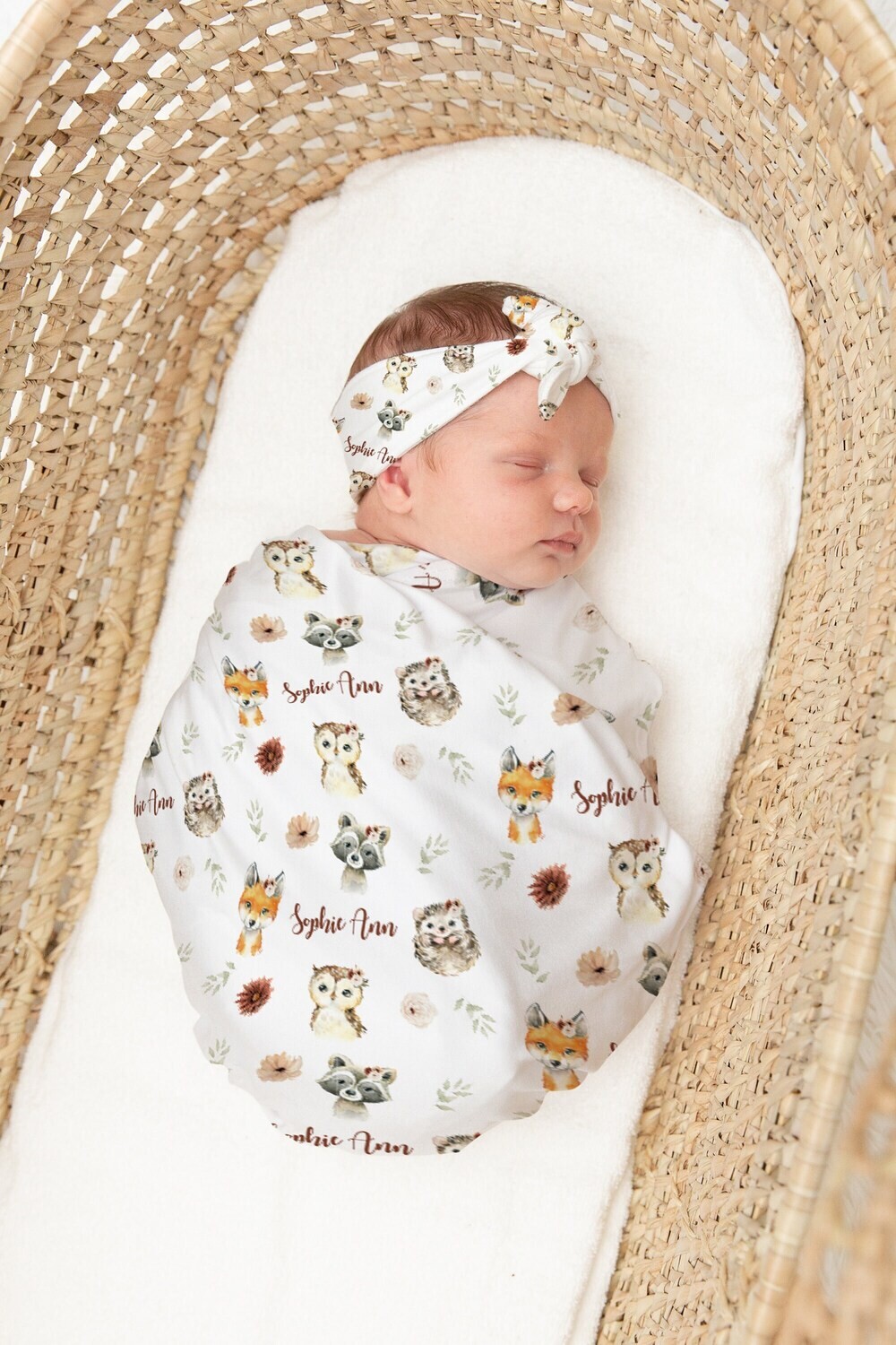Personalized Baby Girl Custom Woodland Name Swaddle For Newborn Baby, Woodland Newborn Baby Photo Prop, Baby Girl Woodland Animal Gift Idea