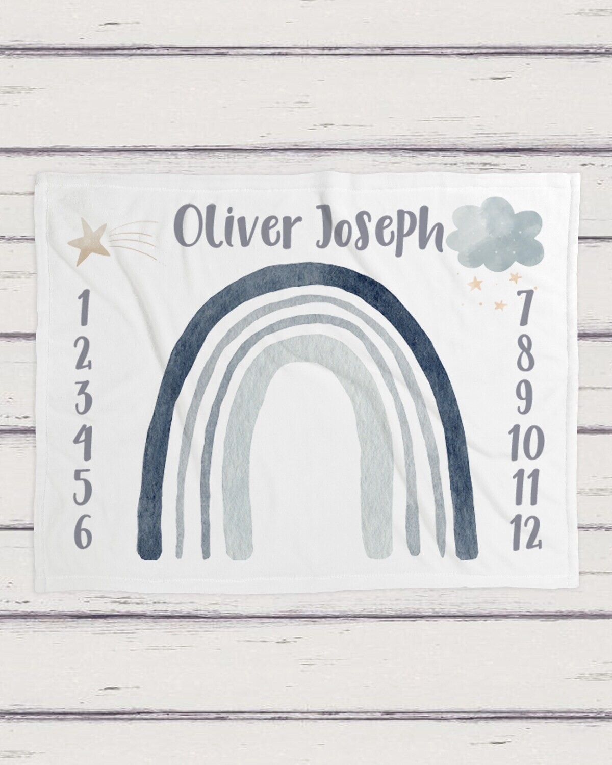 Custom Blue Rainbow With Stars Age Name Milestone Baby Blanket Photo Prop For Newborn, Rainbow Baby Baby Shower Gift Idea, Baby Gift Boy