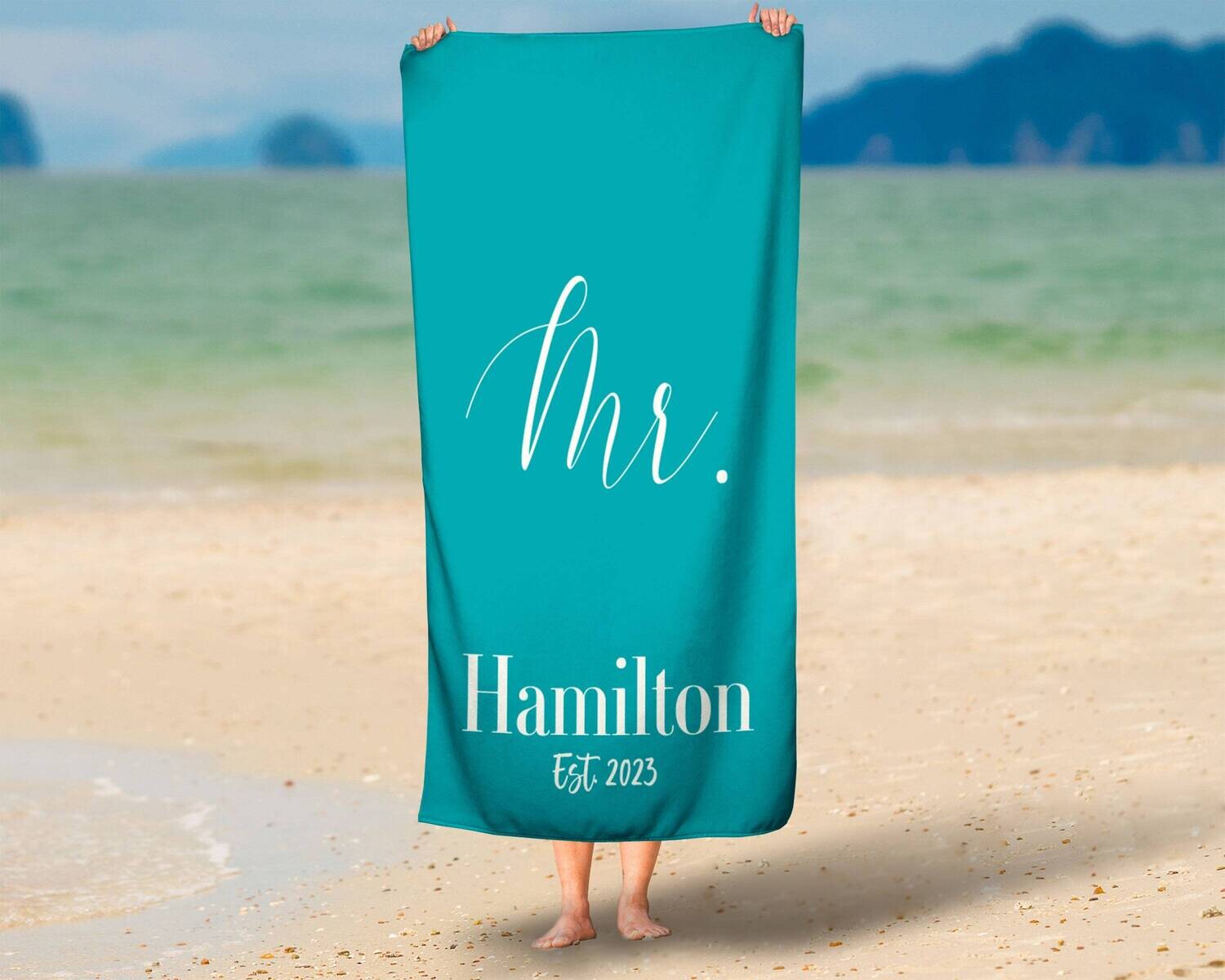Personalized Couples Last Name Beach Towel, Mr. Beach Towel Gift Idea, Summer Wedding Gift, Summer Bride Gift, Beach Idea, Bride Name Towel