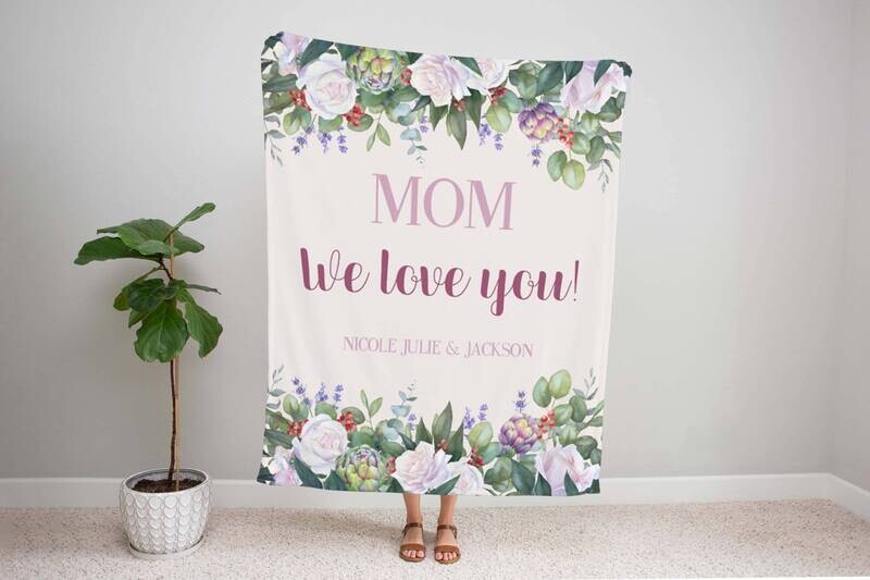 Customized We Love Mom White Rose Flower Blanket, Mothers Day Gift, Mom Blanket Christmas Gift For Mom Personalized Mom Blanket, Custom Name