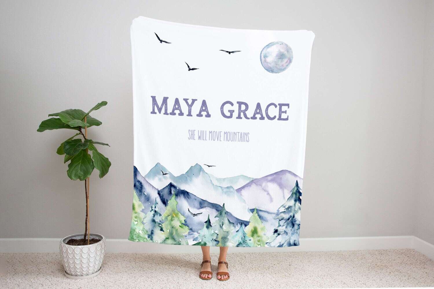 Personalized Mountain She Will Move Mountains Mountain Baby Blanket Gift, Mountain Forest Baby Blanket, Gift for Newborn, Woodland Baby Gift