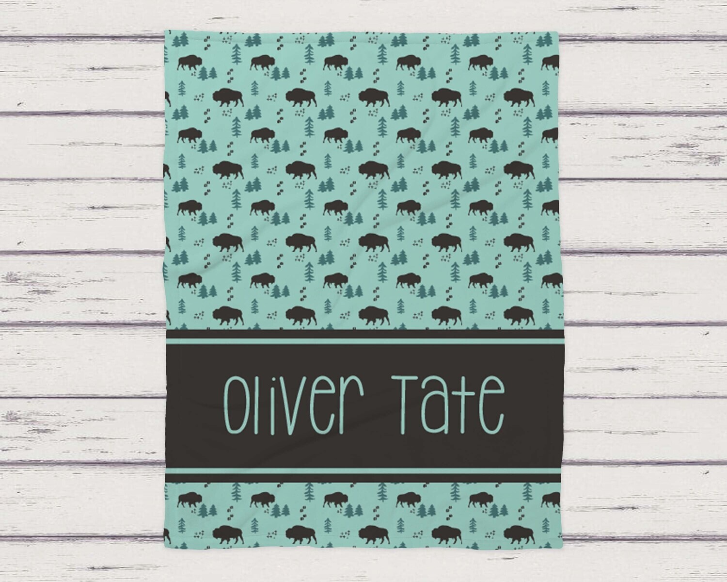 Personalized Boho Buffalo Print Name Pattern Blanket Baby Boy Gift, Bohemian Style Buffalo Print Blanket Gift Idea, Blue And White Buffalo