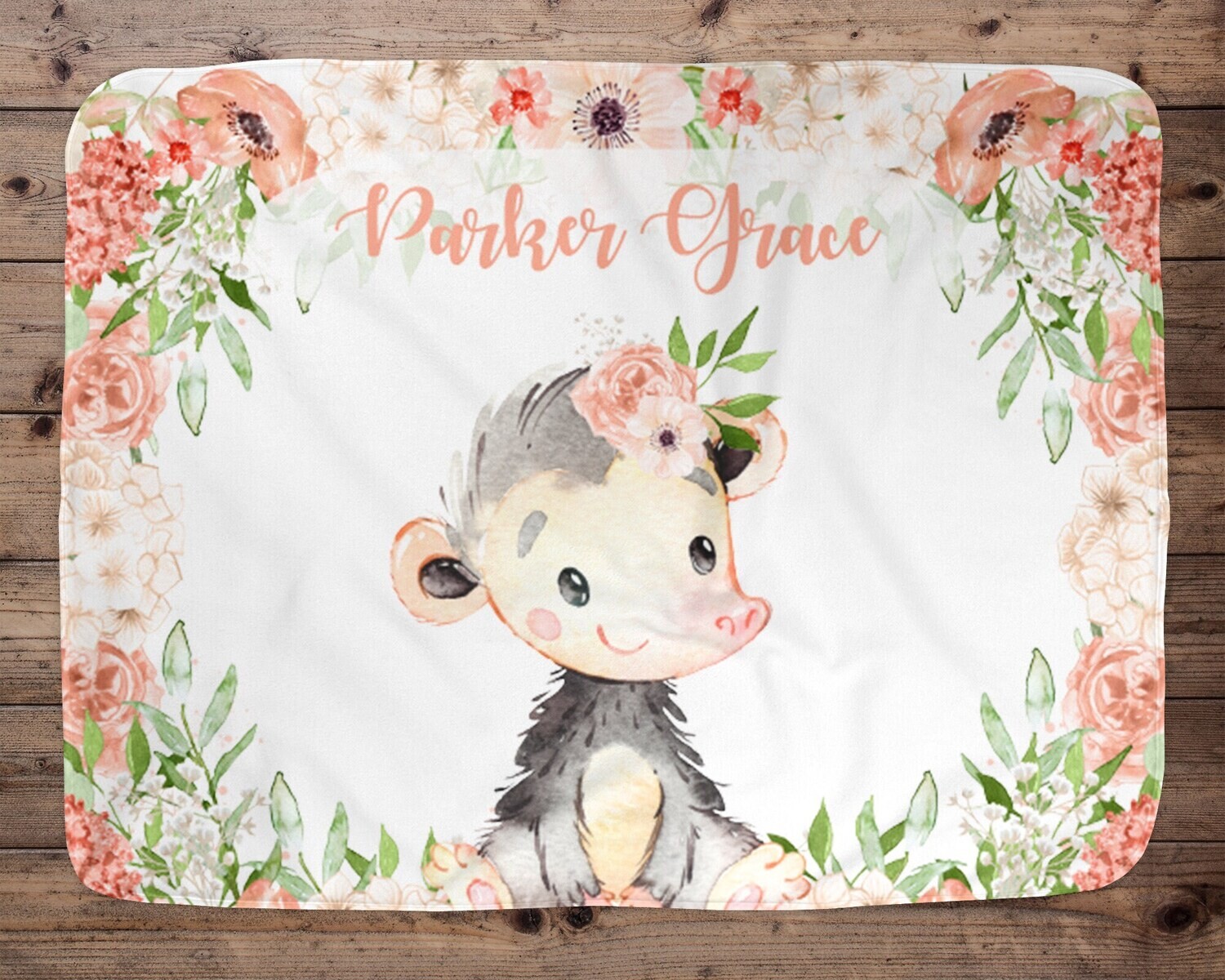 Personalized Baby Girl Blanket, Baby Blanket, Name Baby Blanket, Unique Baby Gift, Floral Baby, Opossum Blanket, Blanket Girl, Girl, Peach