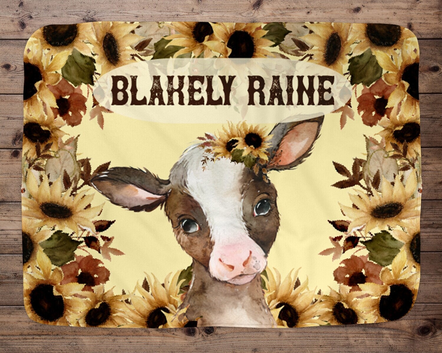 Fall Sunflower Baby Cow Personalized Baby Girl Name Blanket, Name Baby Blanket, Cow Gift, Farm Baby, Farm Nursery Blanket Girl, Sunflower